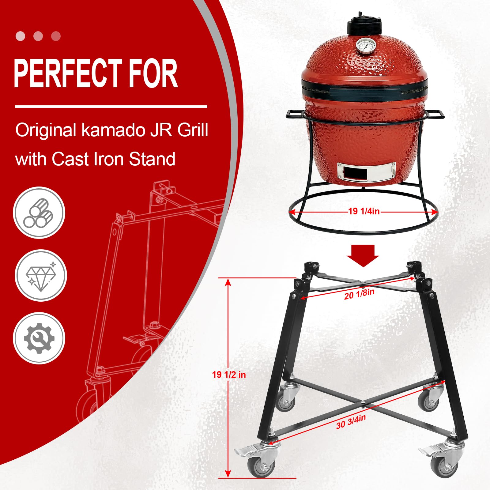 Kamado Joe Jr Rolling Cart with Wheels - Heavy Duty Cast Iron Grill Stand for Kamado Joe Junior Accessories | Portable Outdoor BBQ Cart for Patio, Backyard, and Camping