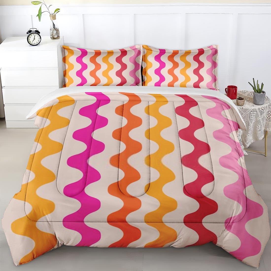 Retro 70s Orange Red Comforter Set Queen Size - Vintage Geometric Bedding for Kids & Adults - Pink Floral Duvet Cover with 2 Pillowcases - Perfect for Boho Bedroom Decor & Cozy Home Styling