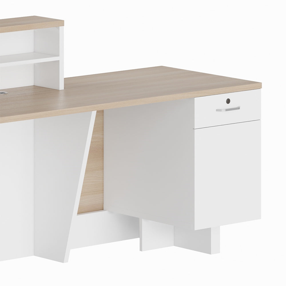 HELMER 2.4M Left Panel Reception Desk in Oak & White - Perfect for Office Lobby, Hotel Front Desk & Corporate Reception Areas