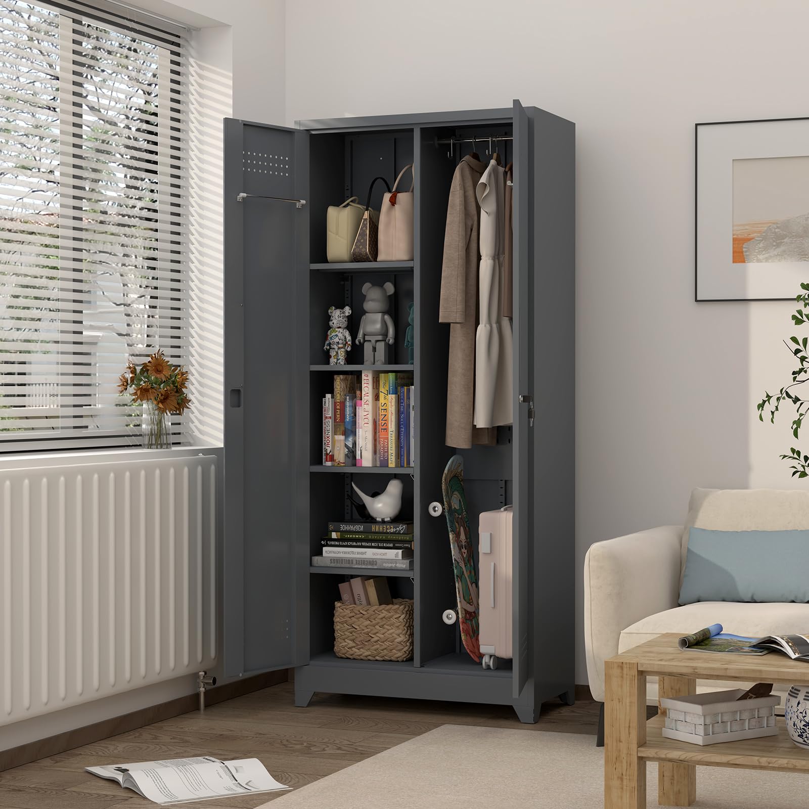 GREATMEET Heavy Duty Metal Storage Cabinet with Adjustable Shelves - Broom Closet Organizer for Cleaning Supplies, Bathroom & Garage Storage - Perfect for Home, Office, and Workshop Organization