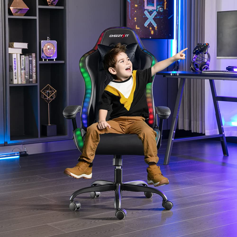 RGB LED Gaming Chair for Kids Ages 8-14 - Adjustable Lumbar Support & Headrest - Ergonomic PU Leather Video Game Chair for Teens - Perfect for Bedroom Gaming Setup & Esports Tournaments