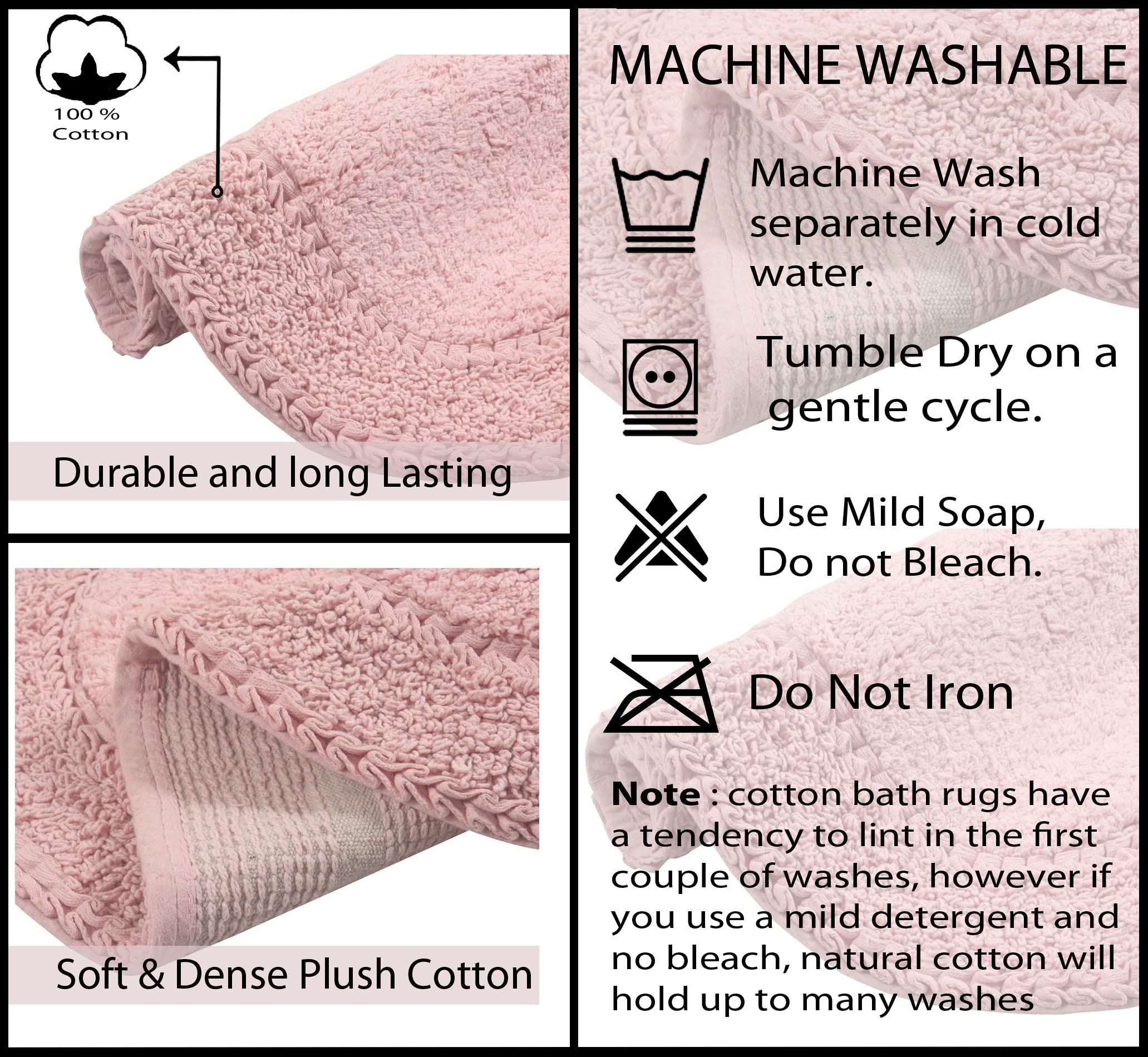Home Weavers Double Ruffle Collection 100% Cotton Bathroom Rugs Set - Ultra Soft, Washable & Absorbent Non-Slip Bath Mat for Bathroom & Kitchen - 4 Piece Set with Contour (Pink) - Perfect for Spa-Style Bathrooms, Guest Bathrooms & Cozy Home Decor