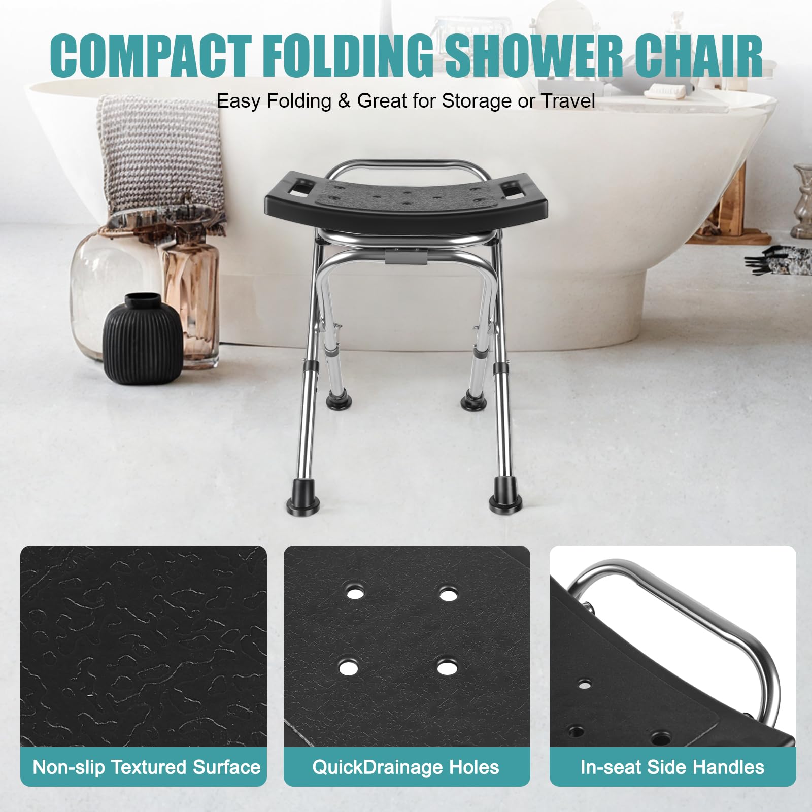 Adjustable Folding Shower Chair Seat - 400lbs Capacity Stainless Steel Bath Stool with Anti-Slip Feet - Portable Travel Shower Seat for Elderly & Disabled - Ideal for Home, Hospital & Travel Use (Black)