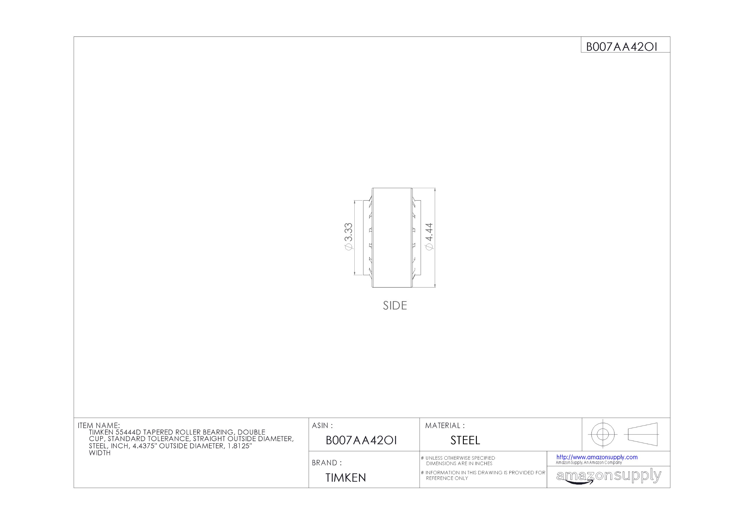 Timken 55444D Tapered Roller Bearing - Double Cup, Standard Tolerance, Steel Construction, 4.4375