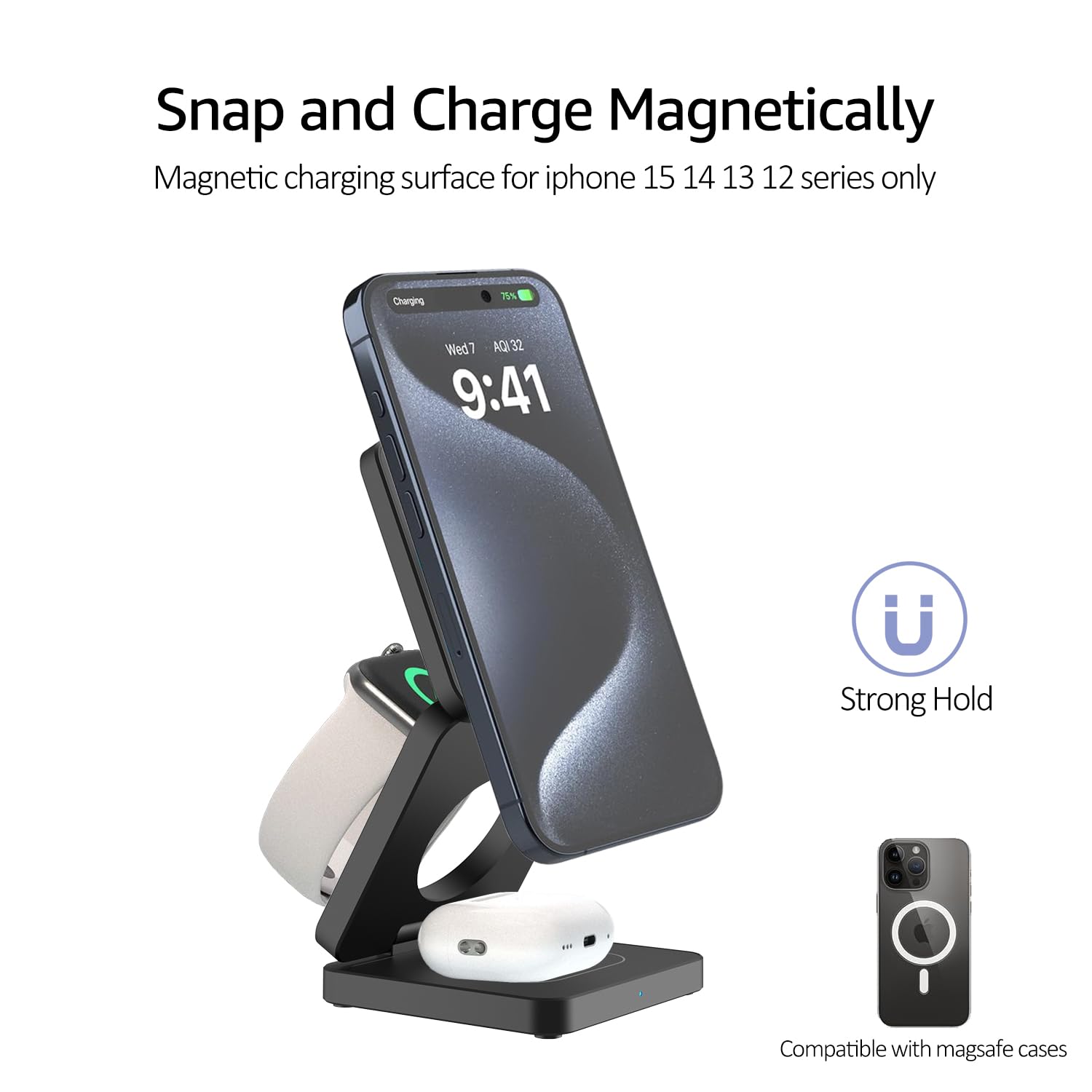 25W 3in1 Magsafe Charging Station for iPhone - Fast Wireless Charger for iPhone, iWatch & AirPods - Home & Office Use
