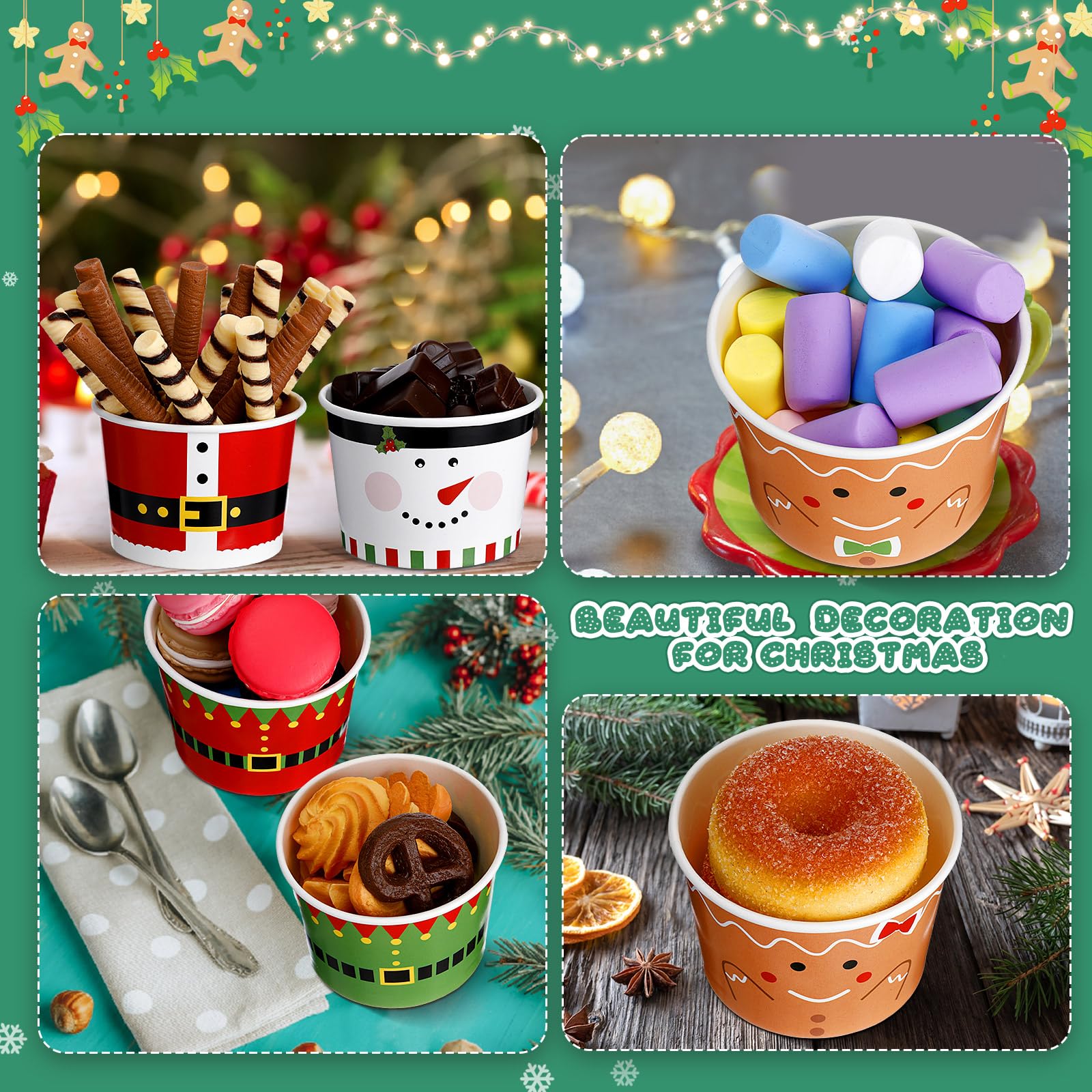 Zhehao 120-Pack 9oz Disposable Christmas Ice Cream Bowls | Paper Cups for Ice Cream, Soup, Snacks | Hot & Cold Food Containers | Picnic, Party, Holiday Decorations (6 Styles) - Perfect for Christmas Parties, Dessert Buffets & Family Gatherings