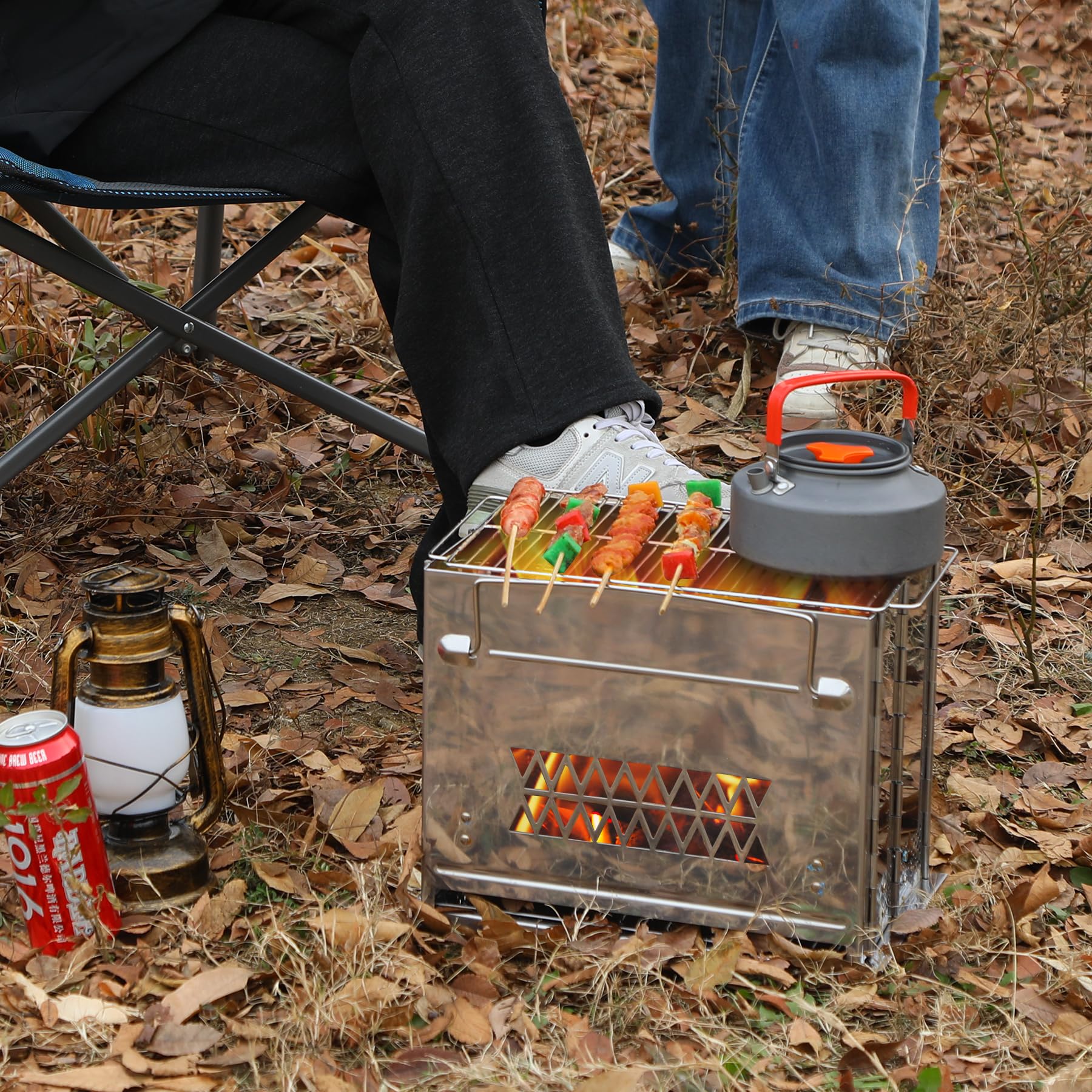 REDCAMP Stainless Steel Wood Burning Camp Stove - Portable Folding Grill for Backpacking, Hiking, Survival & Outdoor Cooking | Compact Rocket Stove for Camping, Picnics & BBQ (Large Rectangle Design) - Perfect for Wilderness Adventures, Emergency Preparedness & Family Outdoor Gatherings
