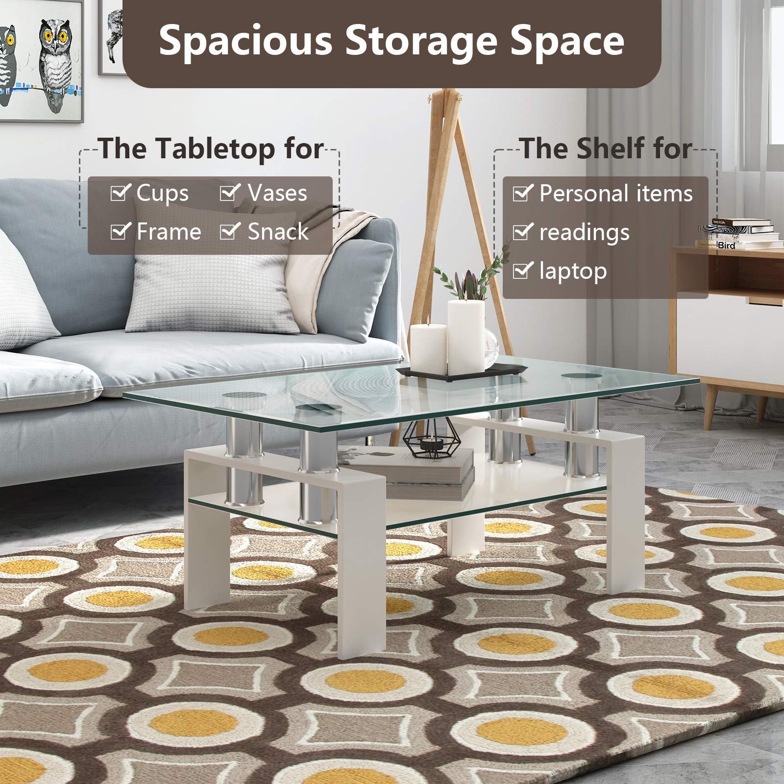 Tangkula Modern Rectangular Glass Coffee Table with Lower Shelf - Tempered Glass Top & Sturdy Metal Legs - Perfect for Living Room, Office, or Lounge (White)
