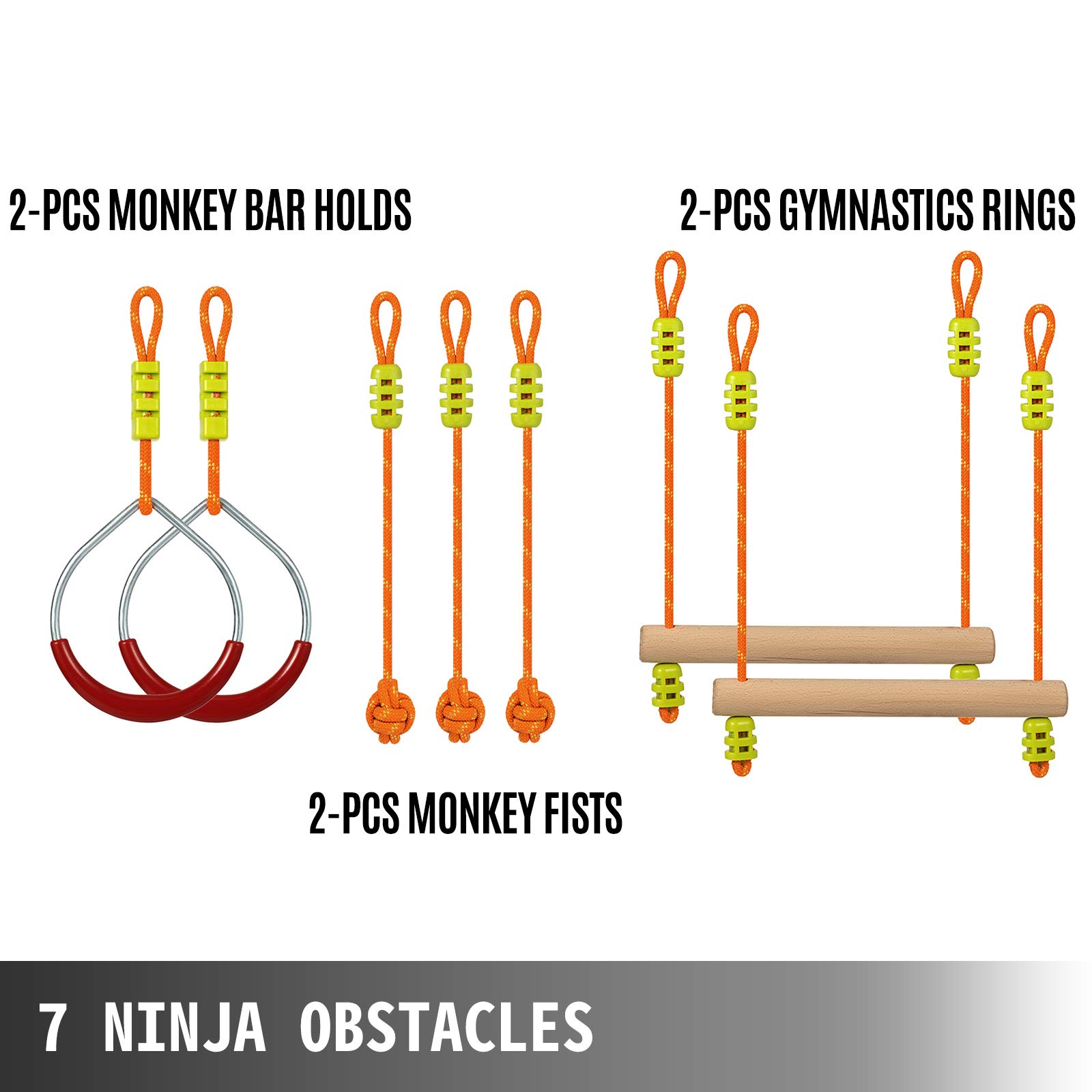 HappyBuy 56FT Warrior Obstacle Course for Kids - Outdoor Slackline with Gym Rings, Monkey Bars & Rope Knots | Portable Backyard Training Equipment for Strength & Agility | Perfect for Backyard Play, Birthday Parties & Outdoor Adventures