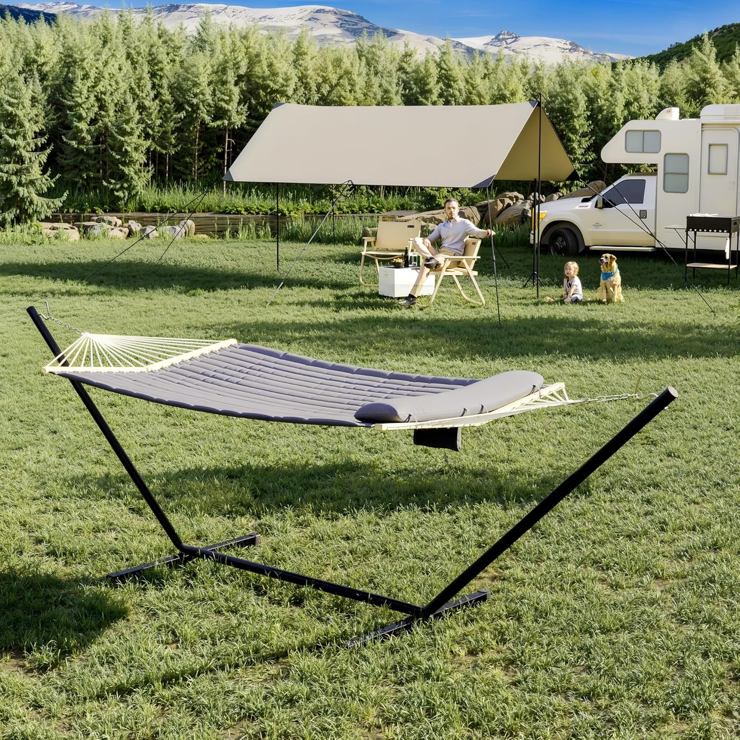 GARVEE 2 Person Hammock Set with Foldable Steel Frame - 450lb Weight Capacity, UV Resistant, Includes Carry Bag - Dark Gray Concave Design for Backyard, Camping & Outdoor Relaxation