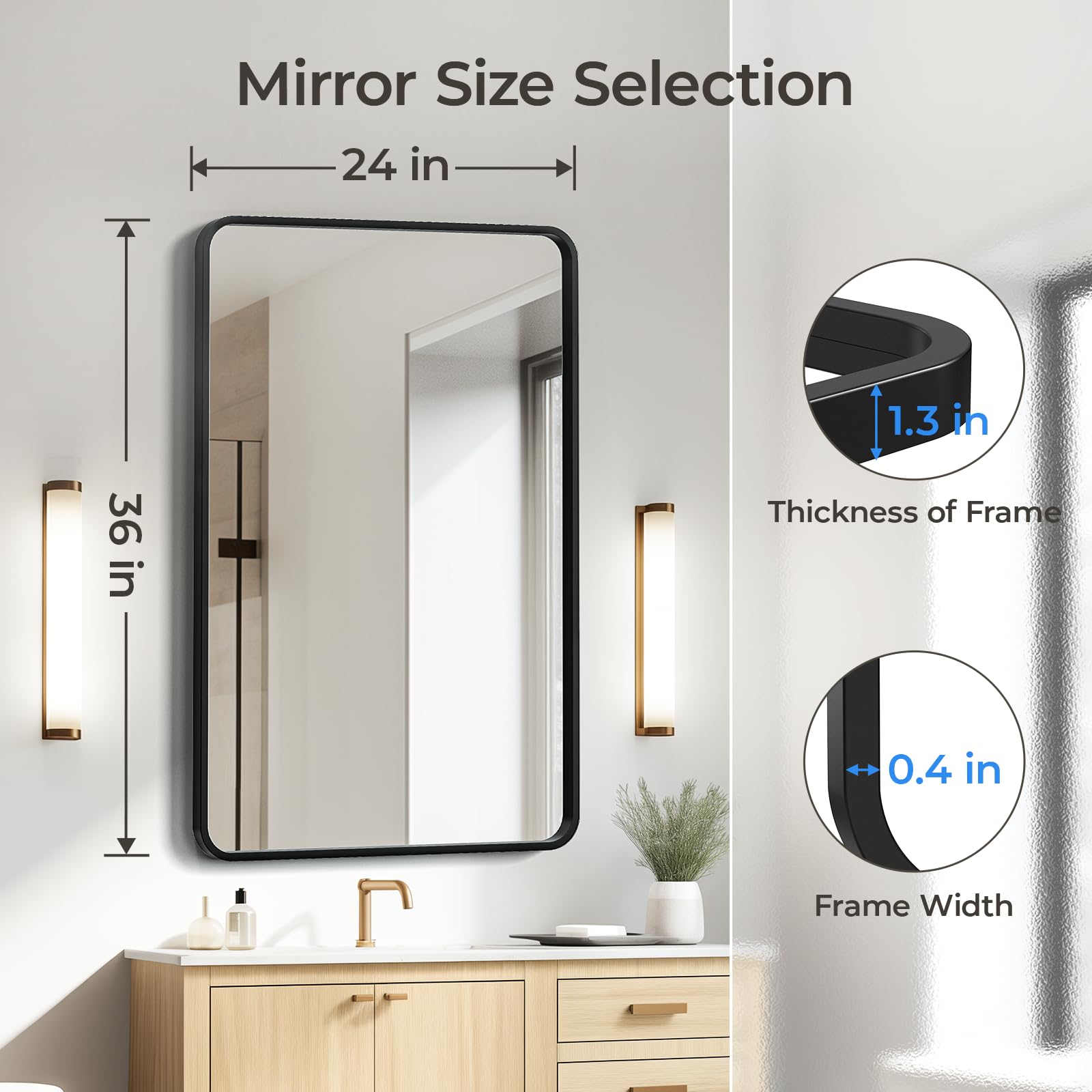 USHOWER 24x36 Inch Black Metal Frame Rectangle Bathroom Mirror - Over Sink Vanity Mirror with Wall Mount, Modern Farmhouse Style for Bathroom Decor & Makeup Area