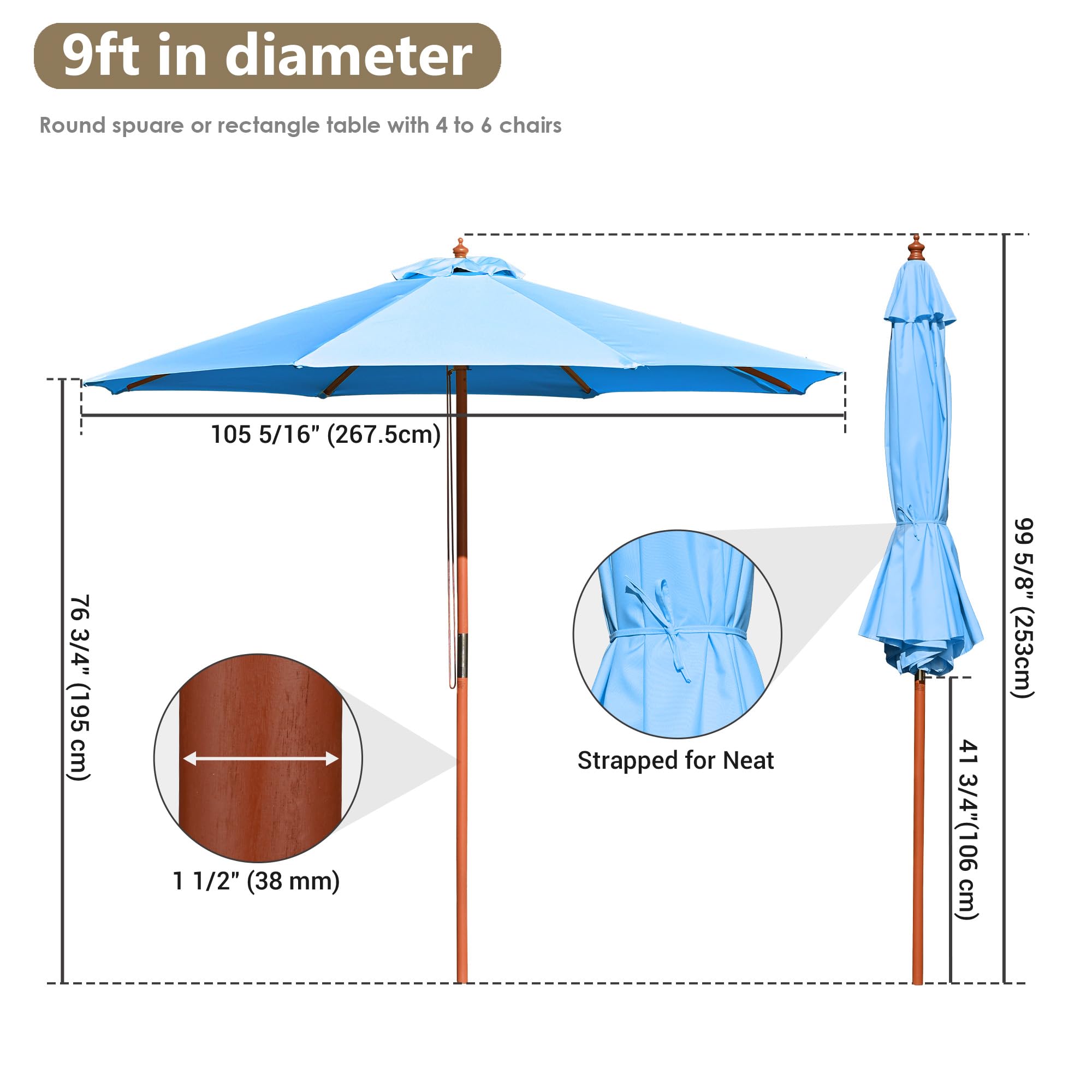 Yescom 9ft Wooden Outdoor Patio Umbrella with Pulley - Blue Market Garden Beach Umbrella for Yard, Deck & Cafe - Perfect for Sunshade, Poolside Lounging and Outdoor Dining