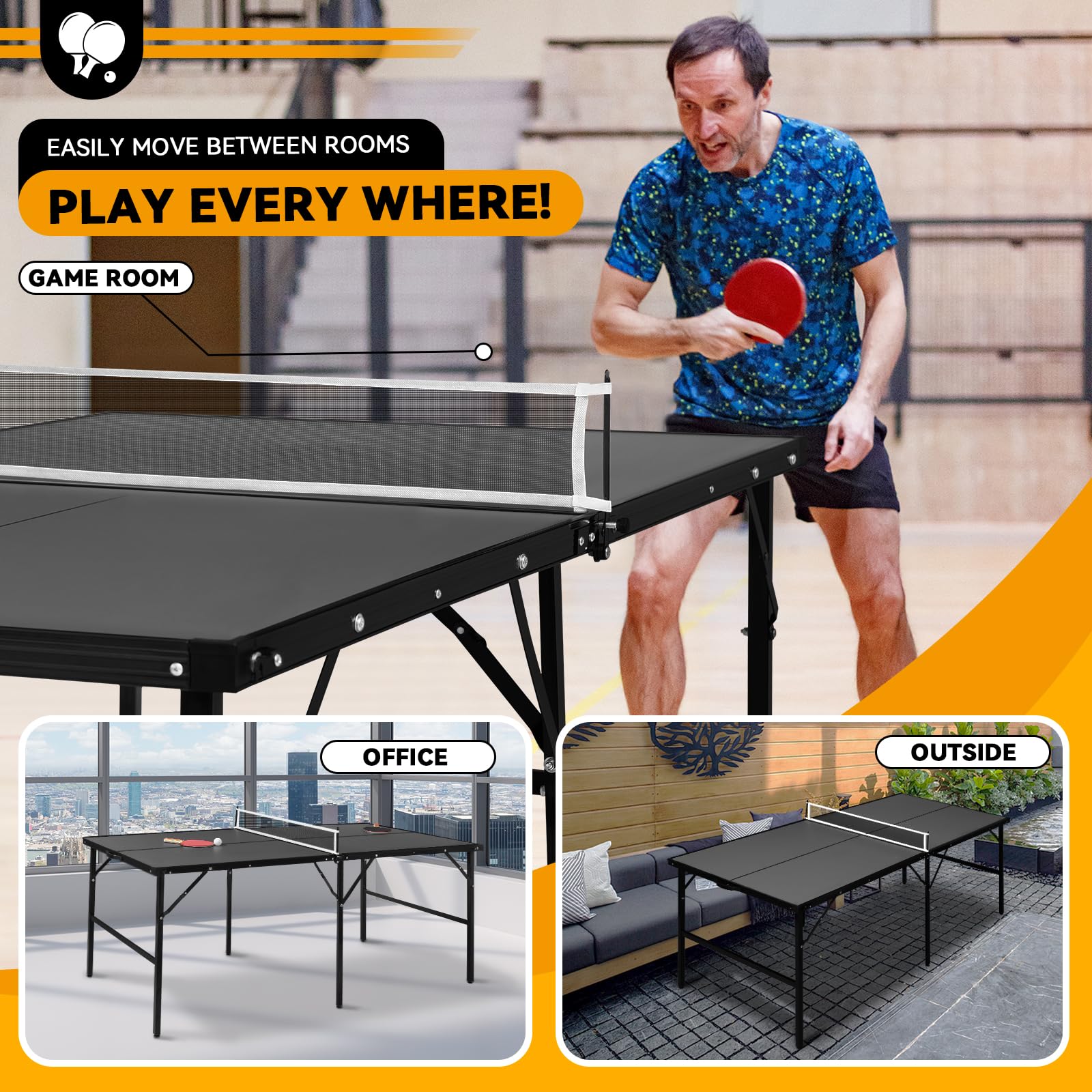 6x3 ft Portable Ping Pong Table - Indoor/Outdoor Folding Table Tennis Set with 2 Paddles, 2 Balls & Adjustable Net | Sturdy Iron Frame for Backyard, Game Room & Patio Fun