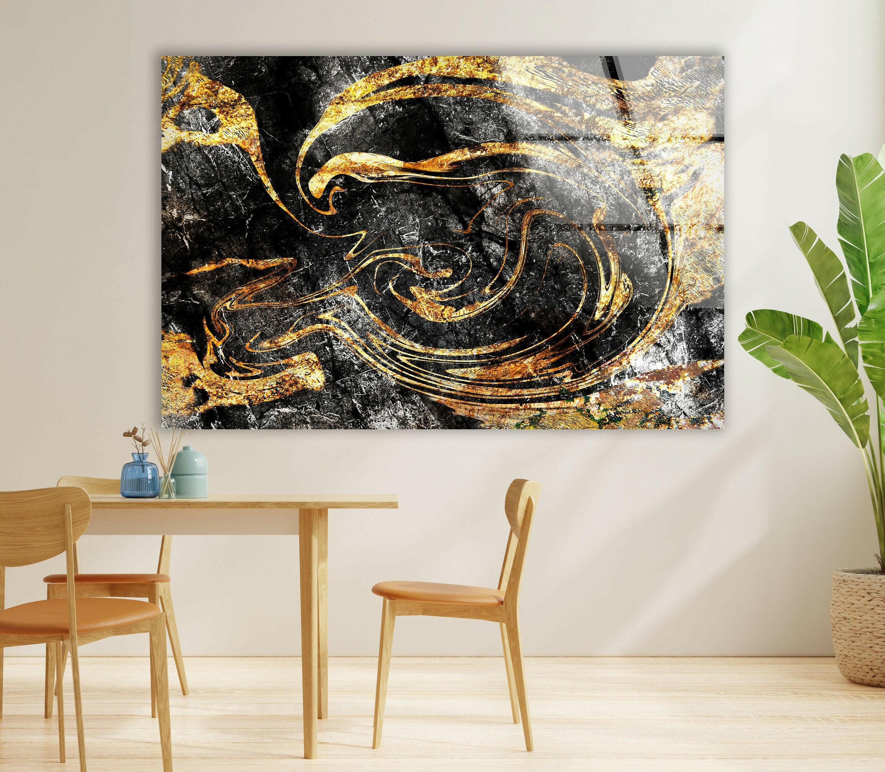 Elegant Black and Gold Marbled Glass Wall Art - Modern Home Decor for Living Room, Bedroom & Office