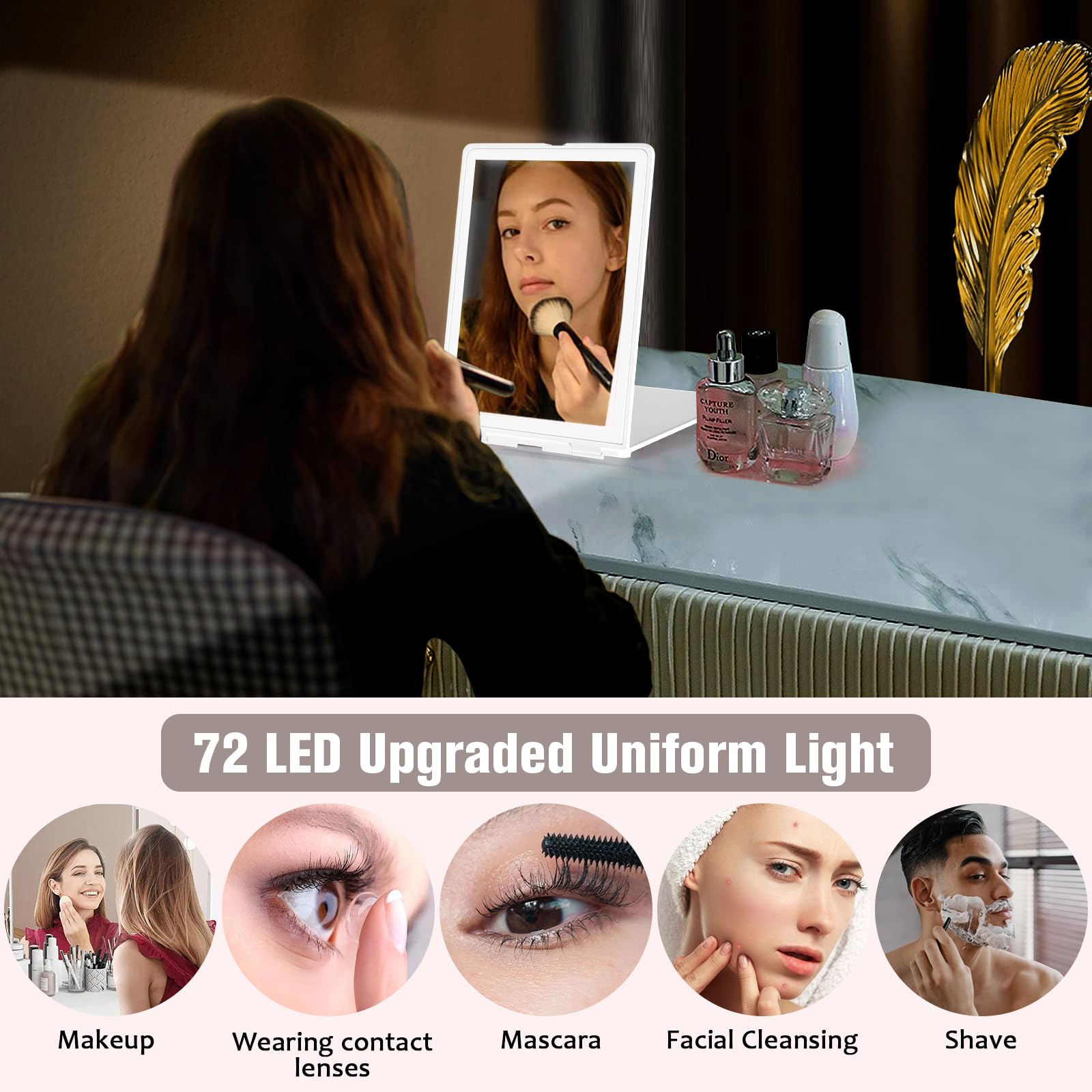 Rechargeable Travel Makeup Mirror with 72 LED Lights - 3 Color Modes, Dimmable Touch Screen & Portable Folding Design for Home, Travel, and Professional Makeup Application