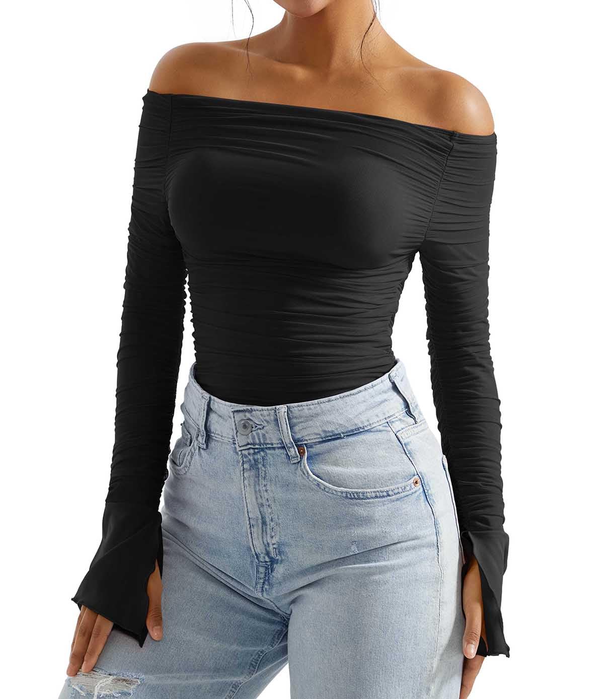 OMKAGI Women's Long Sleeve Off Shoulder Boat Neck Crop Top - Y2K Fashion Fitted T-Shirt for Going Out, Party, and Casual Wear