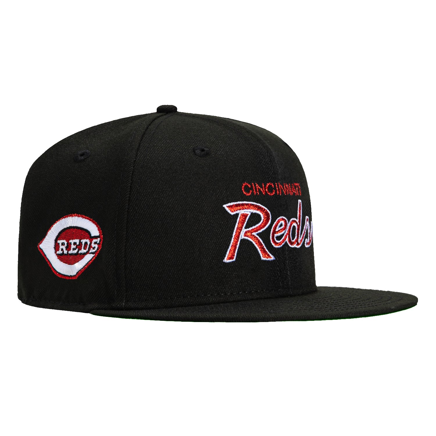 New Era 59Fifty Cincinnati Reds Logo Patch Script Baseball Cap - Black MLB Officially Licensed Snapback Hat for Men & Women - Perfect for Baseball Games, Fan Gear & Streetwear Fashion