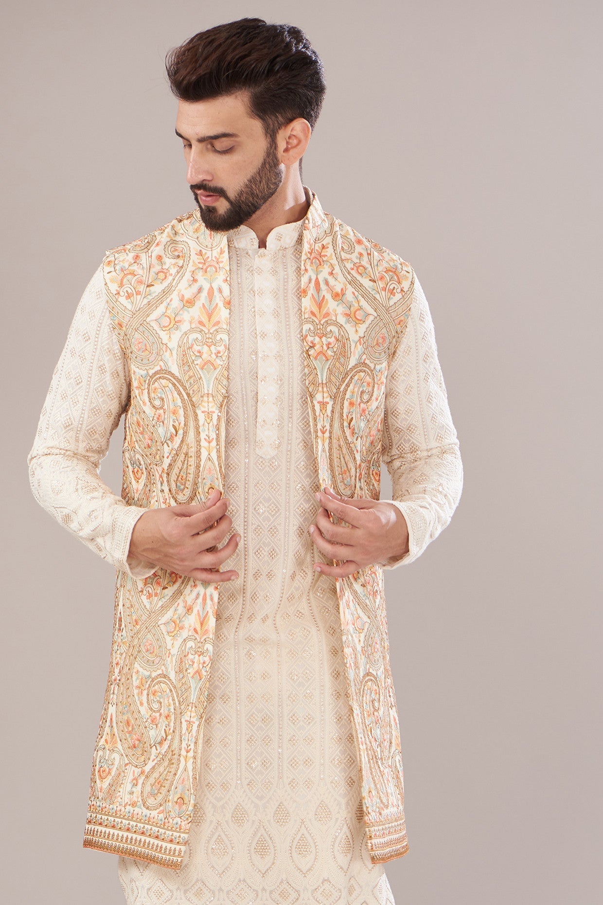 Ivory Embroidered Georgette Indo-Western Jacket for Women - Perfect for Weddings, Parties & Festive Occasions