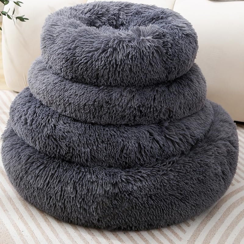 Soft Round Donut Dog Bed & Cat Bed - Calming Pet Bed for Small Dogs, Puppies & Kittens Under 7 lbs - Perfect for Crate, Travel & Home Comfort