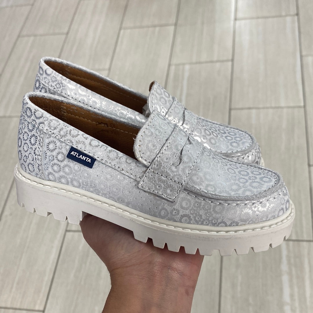 Atlanta Moccasin Silver Sunflower Chunky Penny Loafers - Women's Casual Slip-On Shoes for Work, Office & Everyday Wear