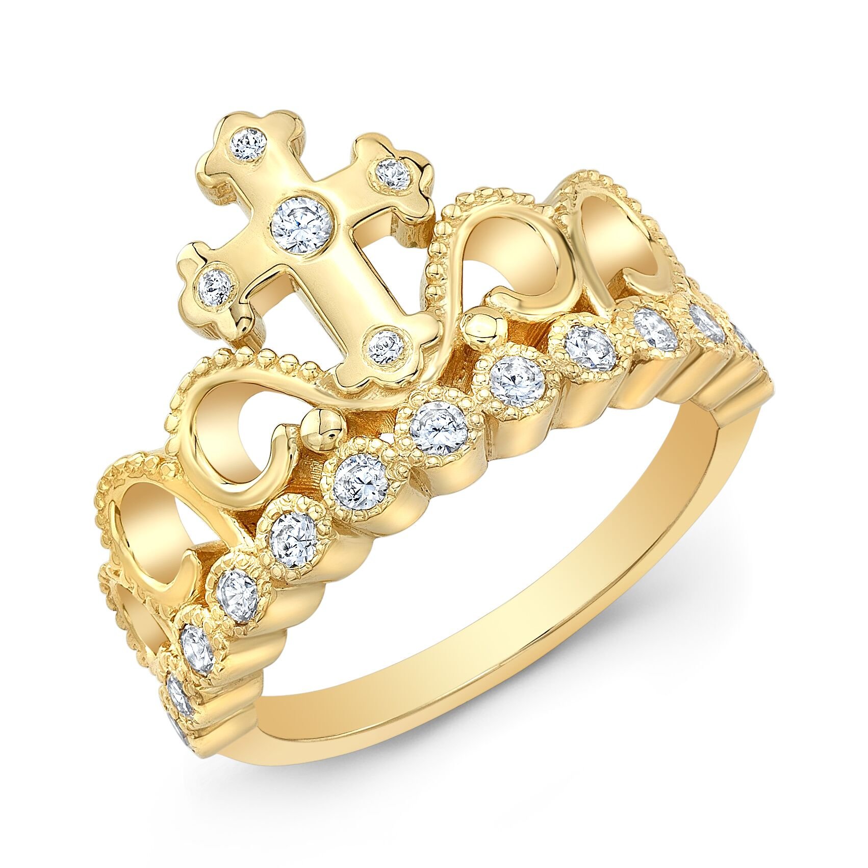 14K Yellow Gold CZ Cross Crown Ring for Women - Elegant Religious Jewelry Gift for Christmas, Baptism & Everyday Wear