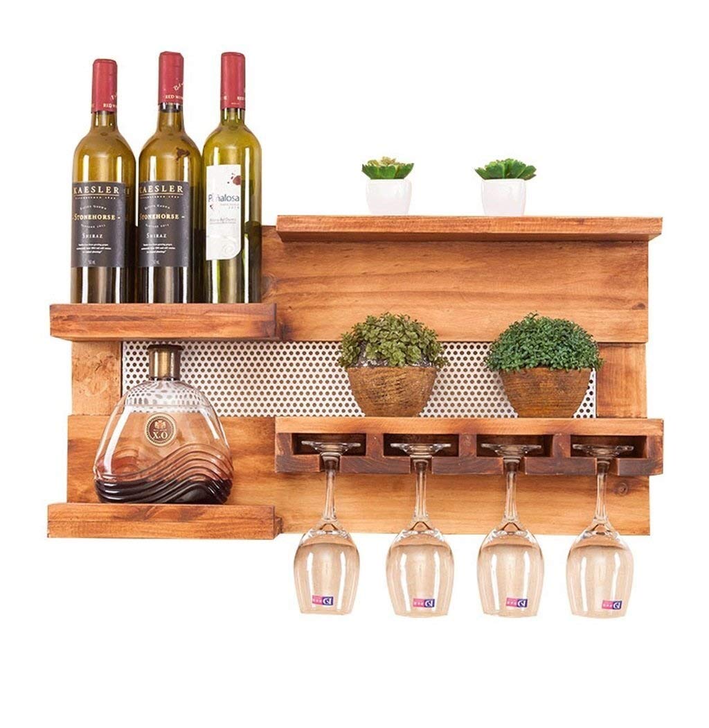 Vintage Industrial Wood Wall-Mounted Wine Rack - Holds 12 Bottles & 8 Glasses - Space Saving Wine Storage Solution for Kitchen, Bar, Dining Room, or Basement Decor