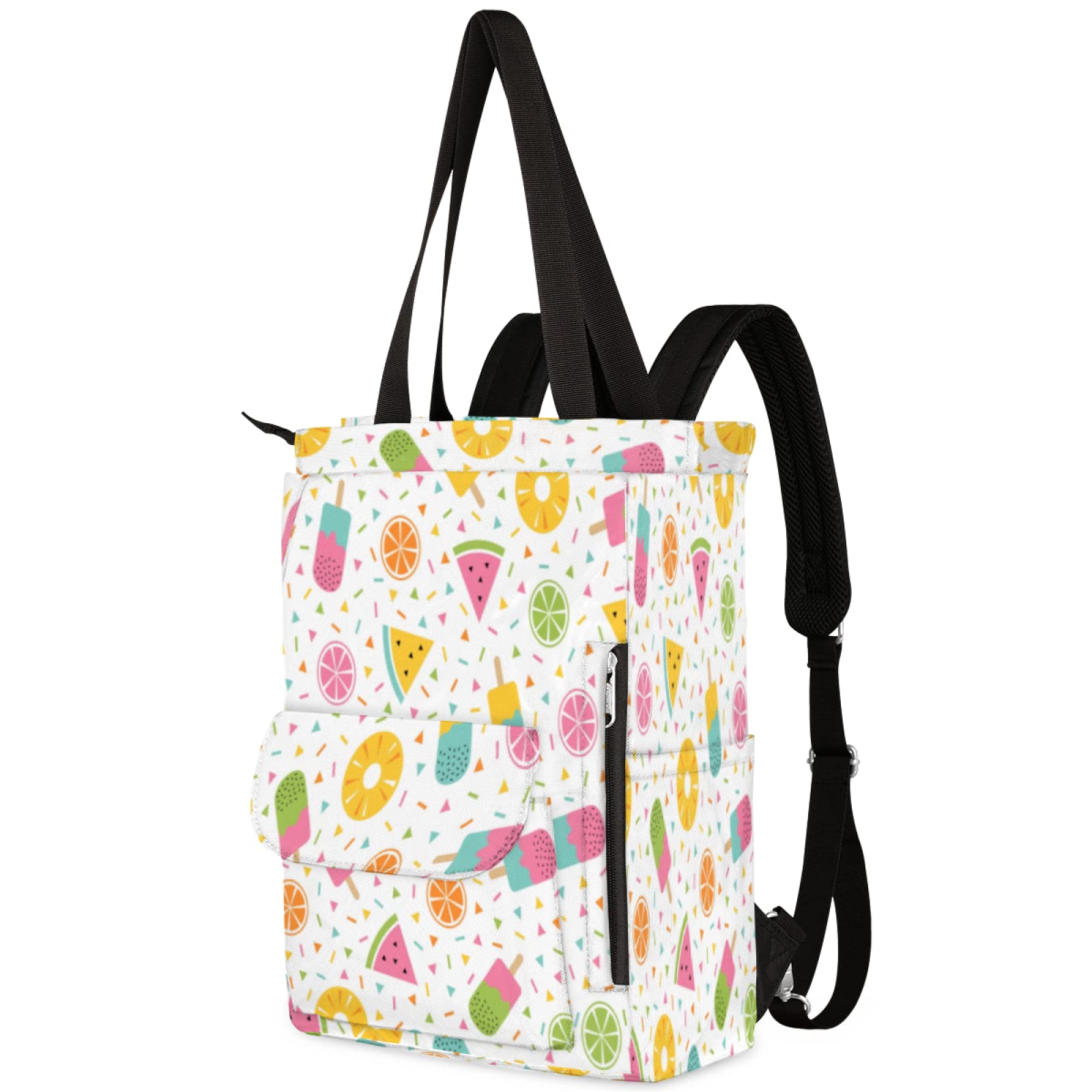 Memphis Style Convertible Tote Backpack - Wide Top Open Laptop Bag for College, School & Travel | Durable Daypack for Work, Gym & Casual Use | Ice Cream Fruits Design