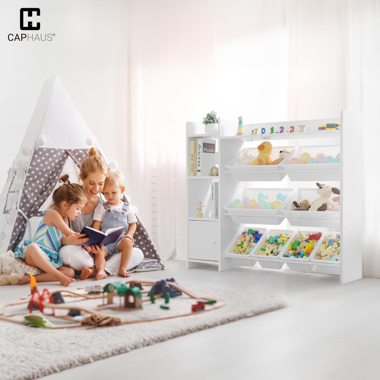 CAPHAUS 8-Bin White Plastic Toy Organizer & Storage Cabinet - Kids Room Organization for Toys, Books & Clutter - Durable Toddler Storage Solution for Playrooms, Bedrooms & Daycare Centers