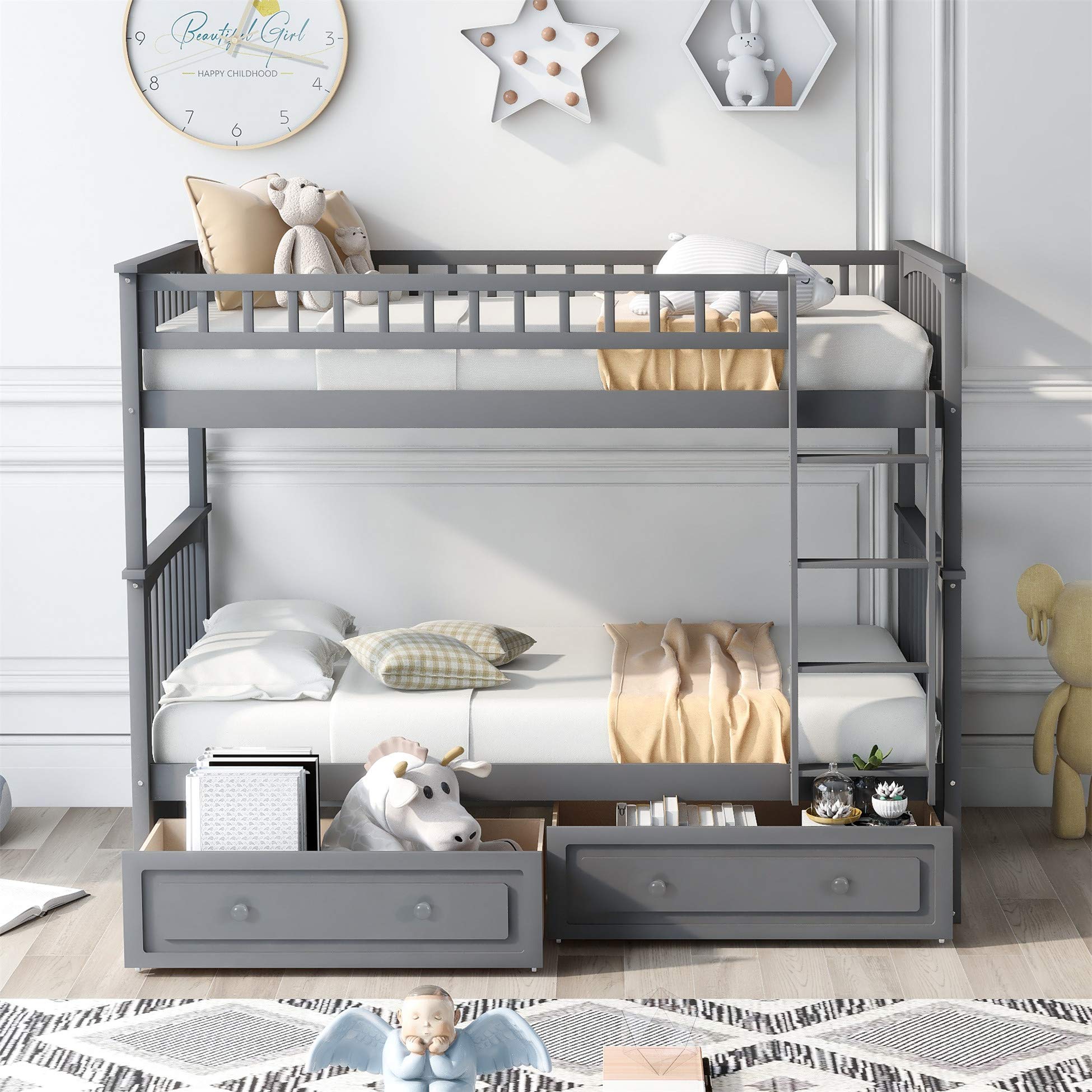 Harper & Bright Designs Twin Over Twin Bunk Bed with Storage Drawers, Solid Wood Bunk Bed Frame in Gray - Perfect for Kids' Bedroom, Guest Room & Space-Saving Solutions
