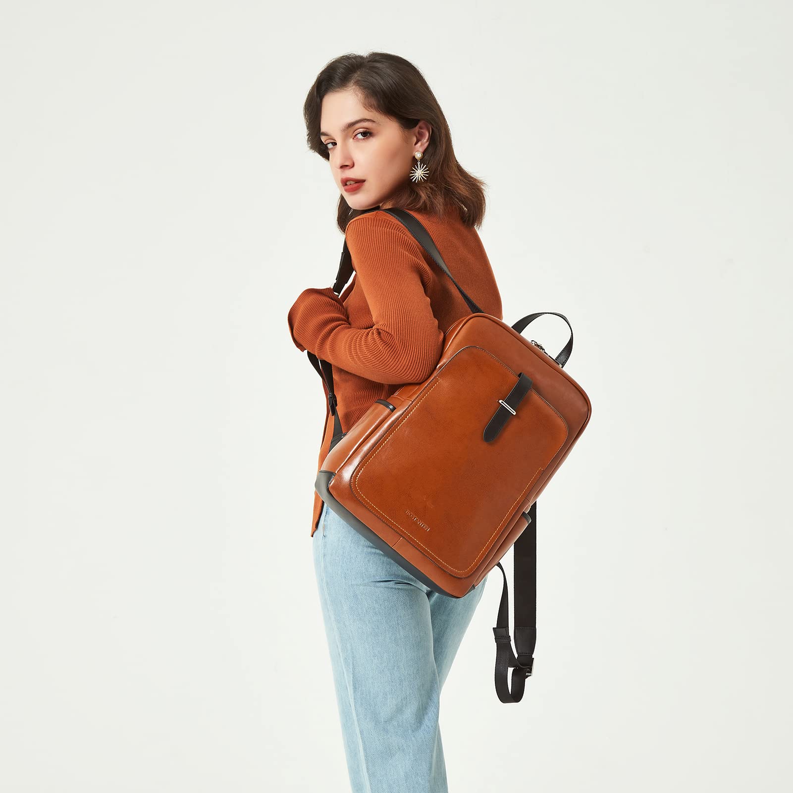 BOSTANTEN Genuine Leather Laptop Backpack for Women - 15.6 Inch Business Computer Bag, Stylish College Backpack for Work, Travel & Daily Use (Brown) - Perfect for Office Commute, School & Weekend Getaways