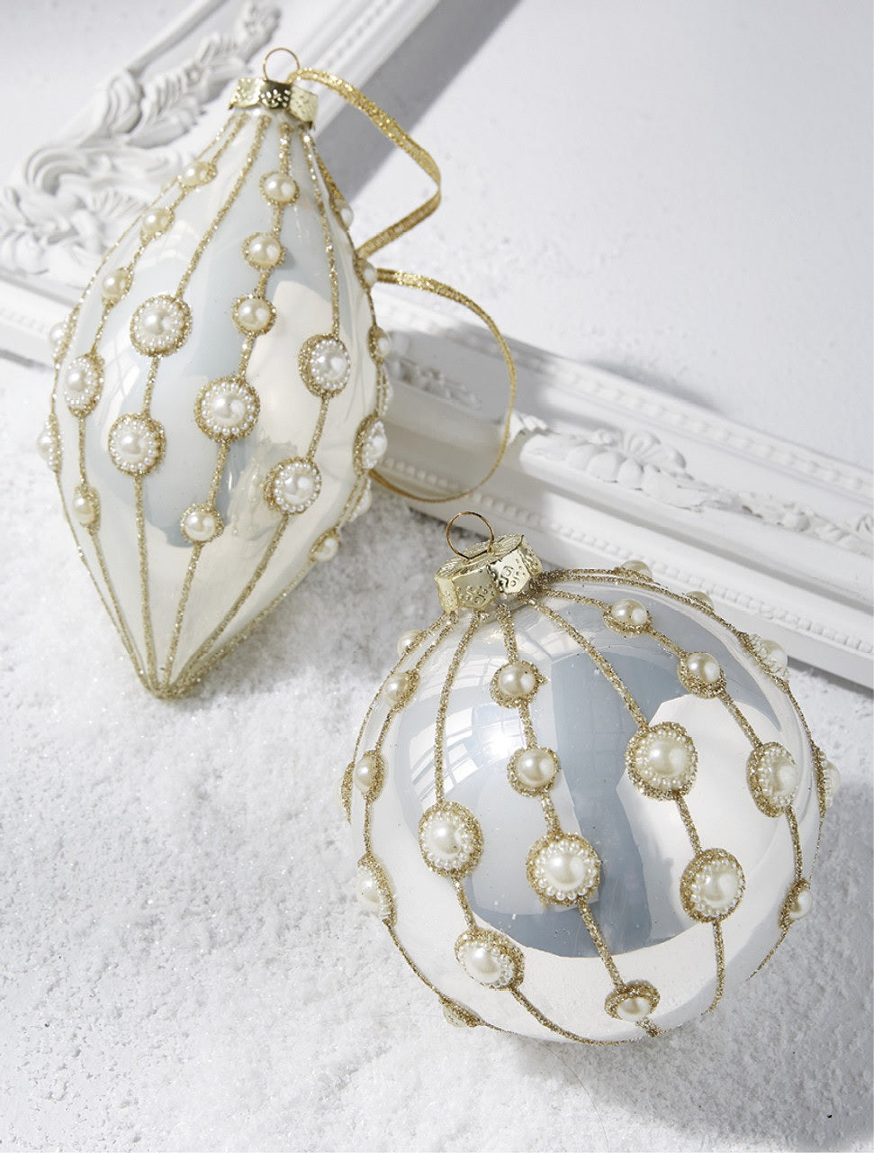 4 Pearl Embellished White Glass Christmas Ornament - Elegant Holiday Tree Decor for Xmas, Wedding, Party & Home Decoration