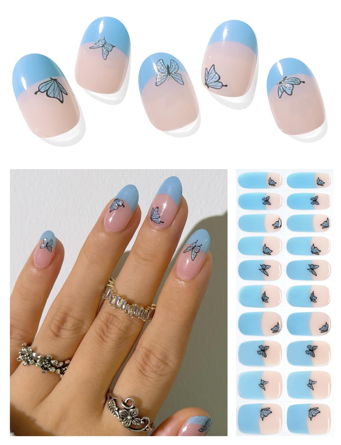 Semi Cured Gel Nail Strips - Butterfly Blue French Design (20 Pcs) | Salon Quality UV Gel Nail Wraps & Stickers | Long Lasting Manicure | Perfect for Home Nail Art, Parties & Special Occasions