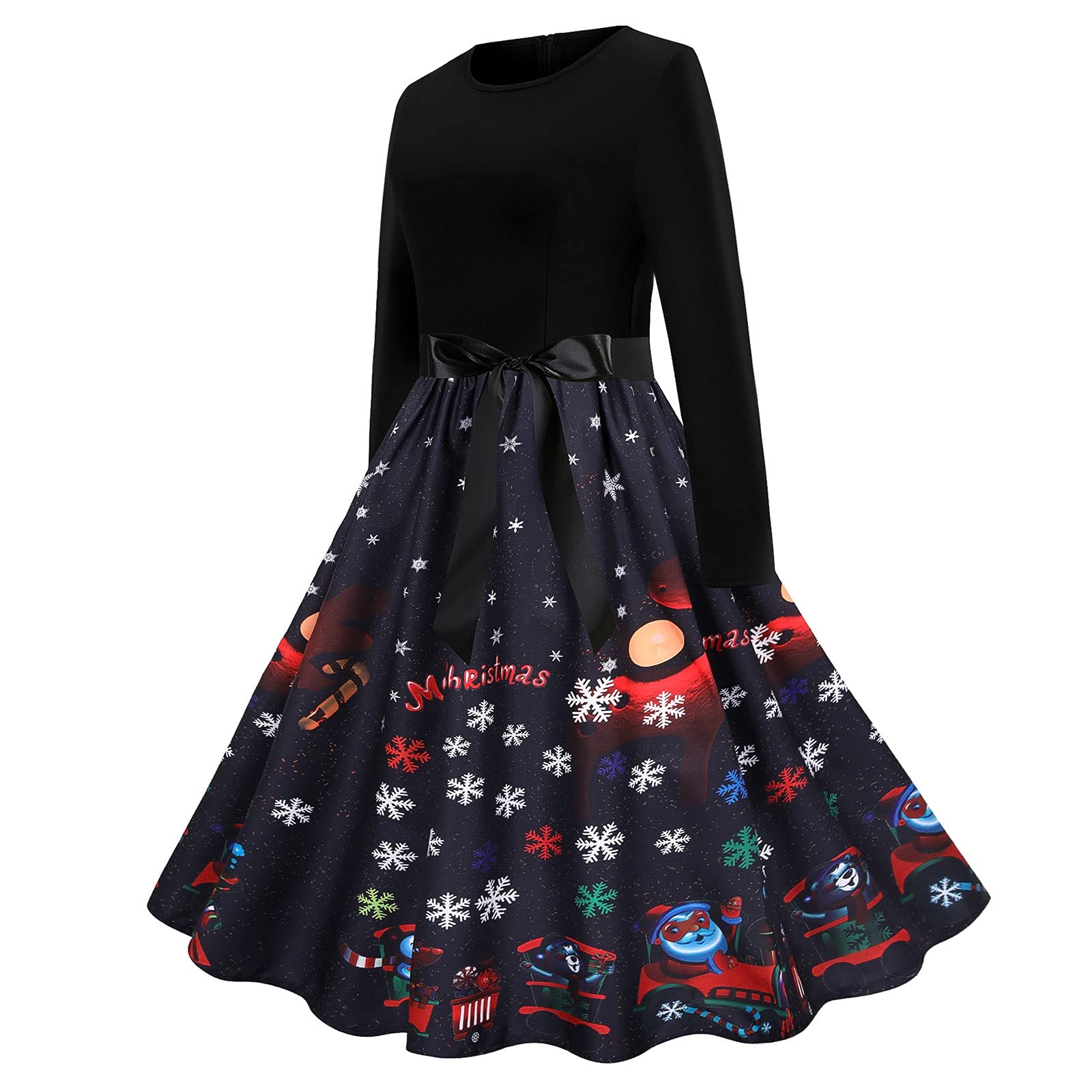 Vintage Christmas Long Sleeve Party Dress for Women - 2022 Retro Crewneck Swing Midi Dress for Holiday Prom, Xmas Dinner & Winter Celebrations