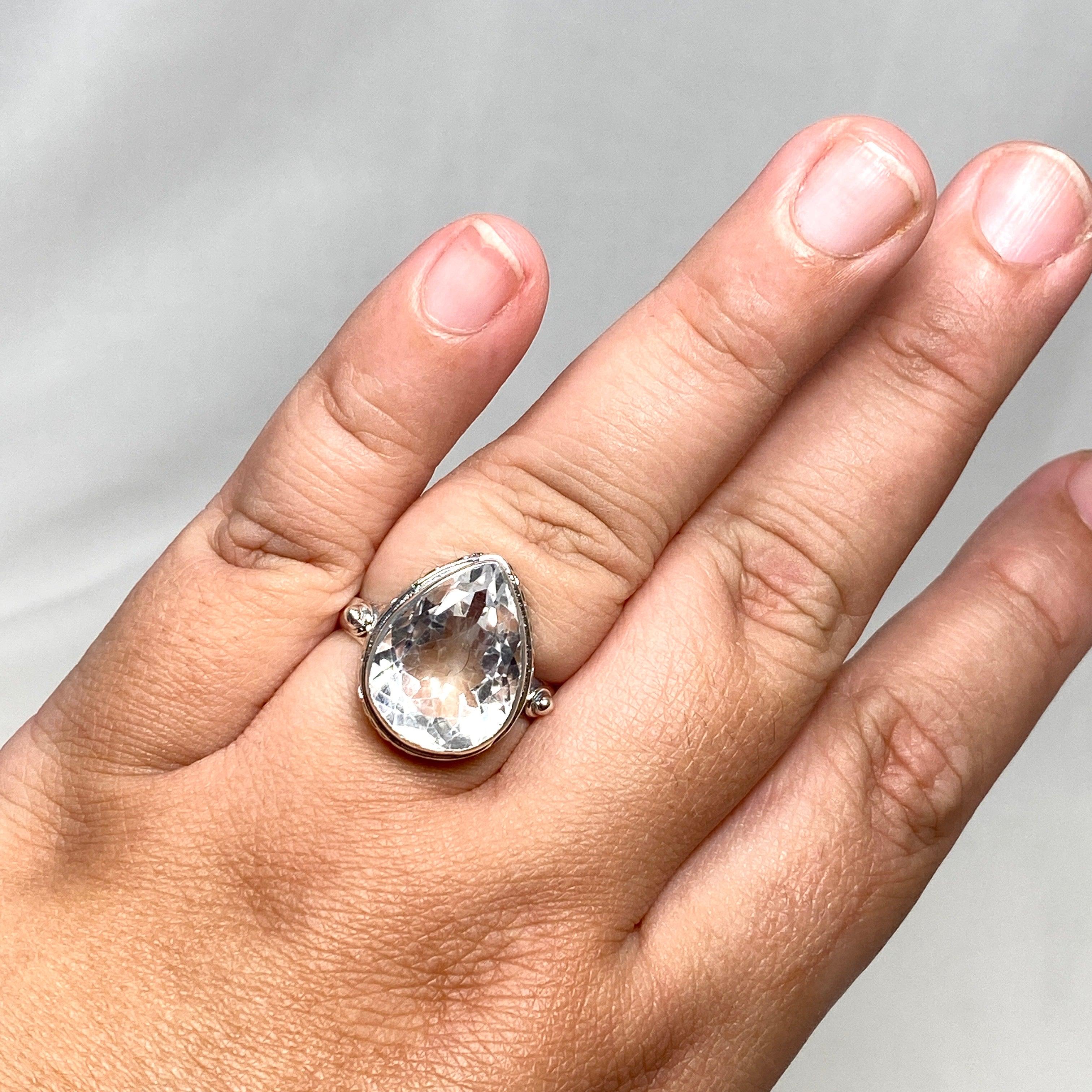 Natural Clear Quartz Faceted Teardrop Ring - Sterling Silver Elegant Setting R3817 | Spiritual Healing Jewelry, Meditation & Energy Work Accessory