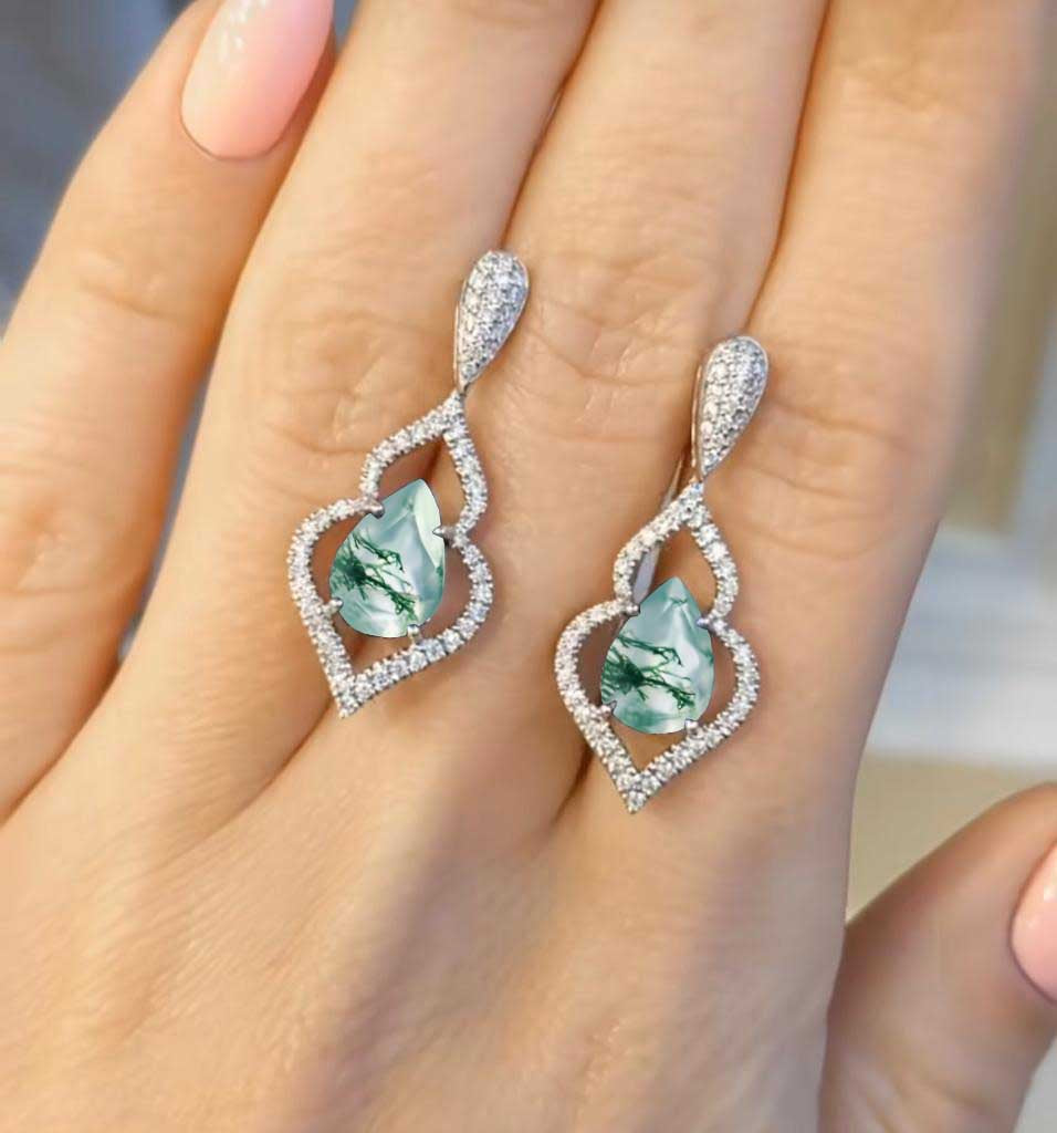 Natural Moss Agate Gemstone Stud & Drop Earrings for Women – Elegant Dangle Earrings for Wedding, Party & Everyday Wear