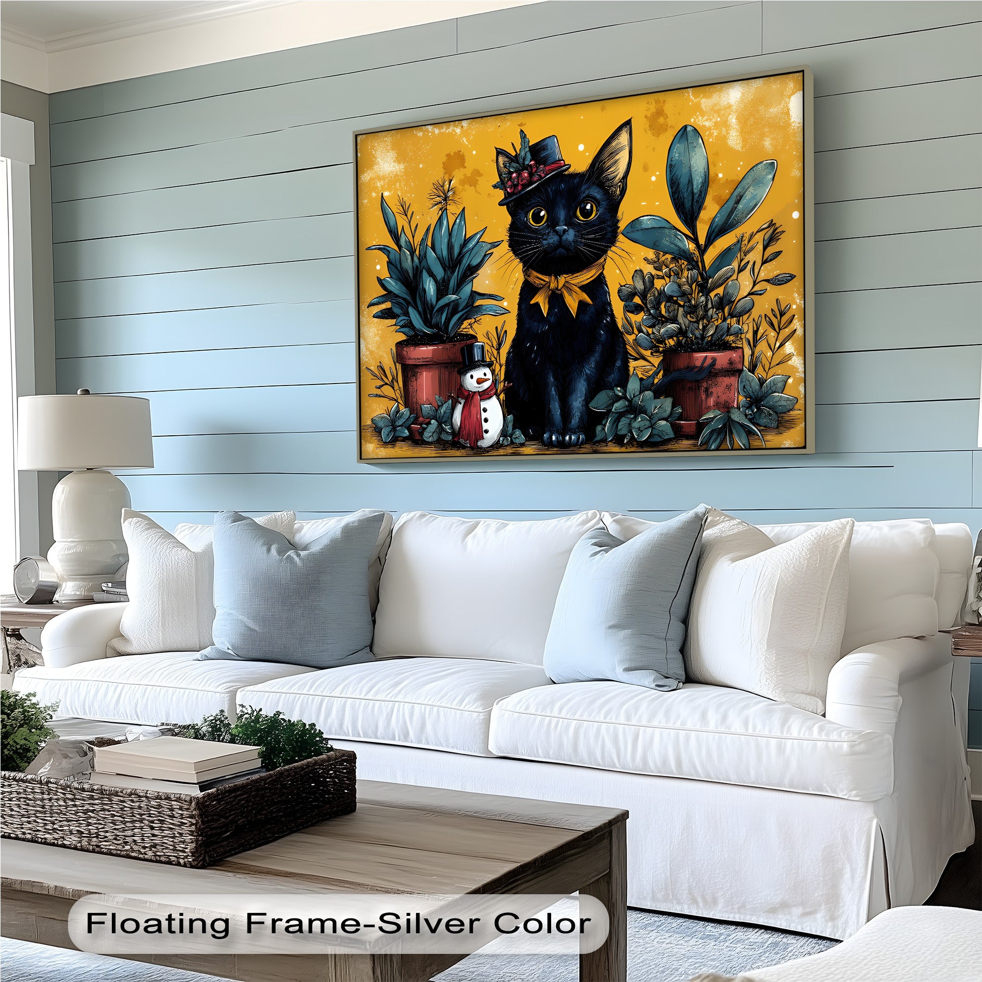 Black Cat with Holiday Hat and Yellow Ribbon - Festive Cat Canvas Print Wall Art for Christmas Home Decor, Living Room, Bedroom & Office