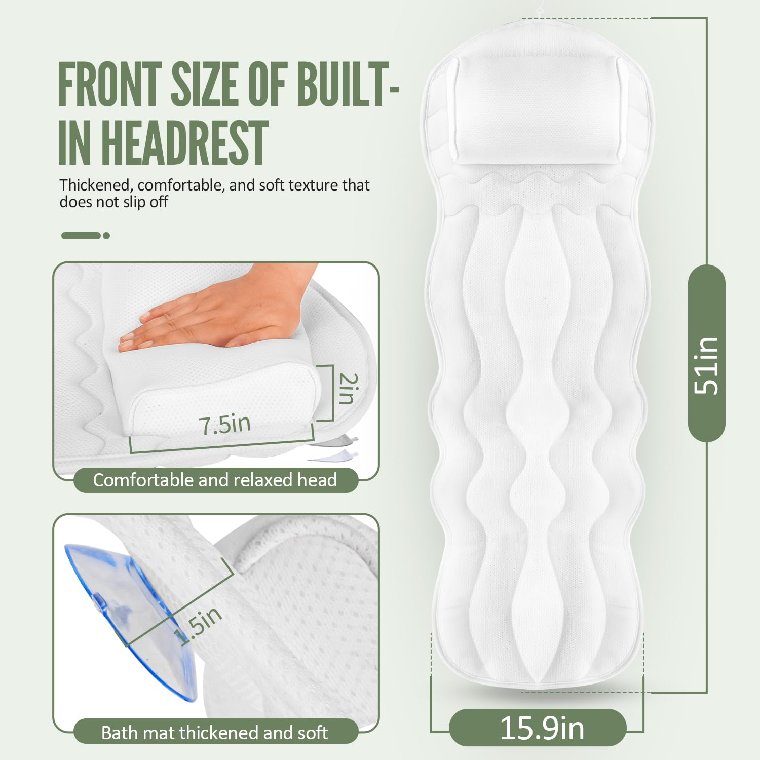 Luxury Full Body Bath Pillow for Bathtub - 14 Suction Cup Spa Cushion for Neck, Shoulder & Back Support - Extra Large 51 Inch Bath Mat with Pillow - Perfect for Relaxing Baths & Home Spa Days