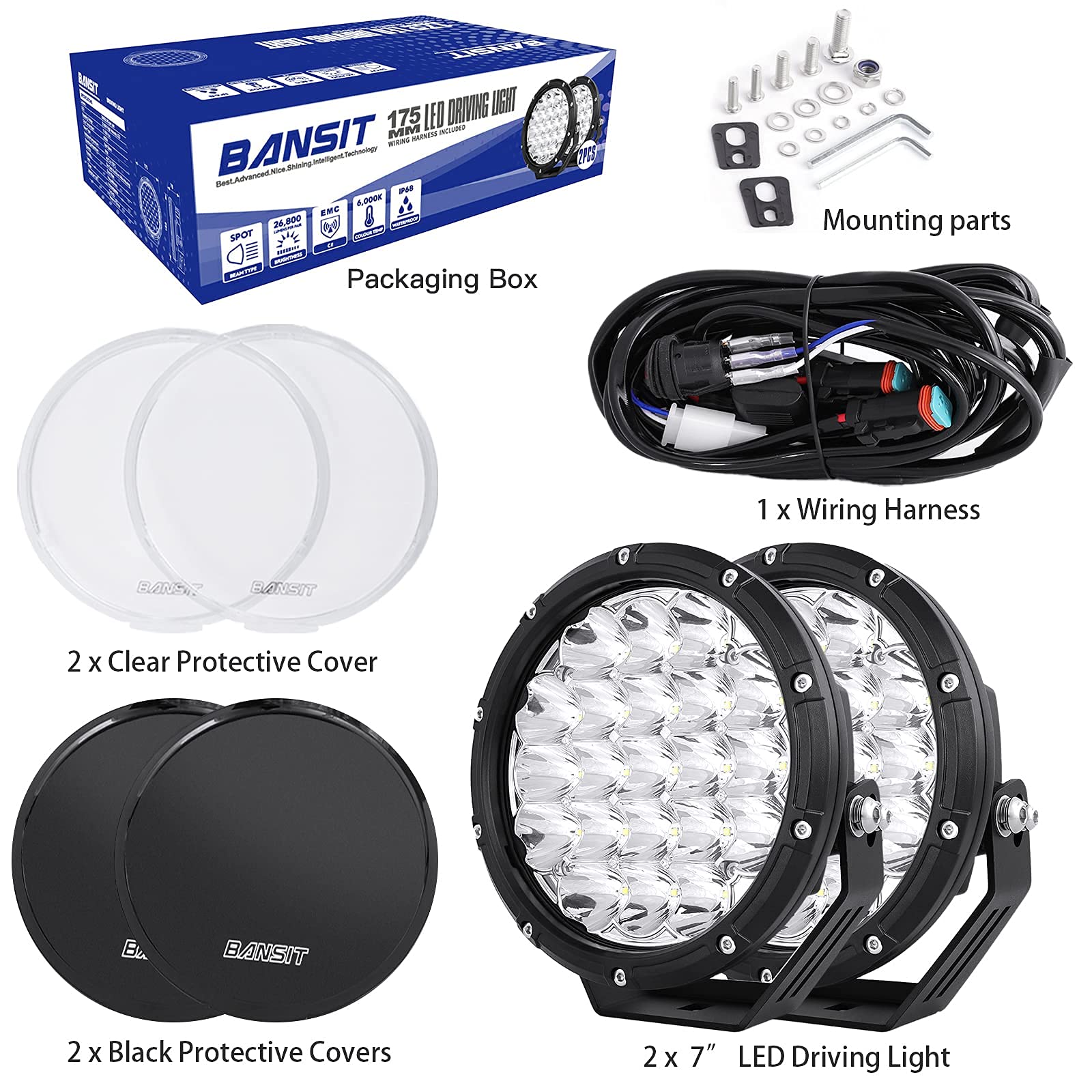 BANSIT 7 Inch 210W 32000LM LED Round Offroad Lights - Super Bright Driving Pods for Trucks, ATVs, UTVs, SUVs, Cars & Boats - Perfect for Night Off-Roading, Hunting & Emergency Lighting