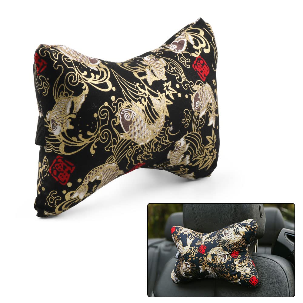 Car Neck Pillow for Travel - Memory Foam Headrest Cushion with Adjustable Straps, Ergonomic Neck Support for Long Drives & Road Trips (Koi Black) - Perfect for Commuting, Airplane & Office Use