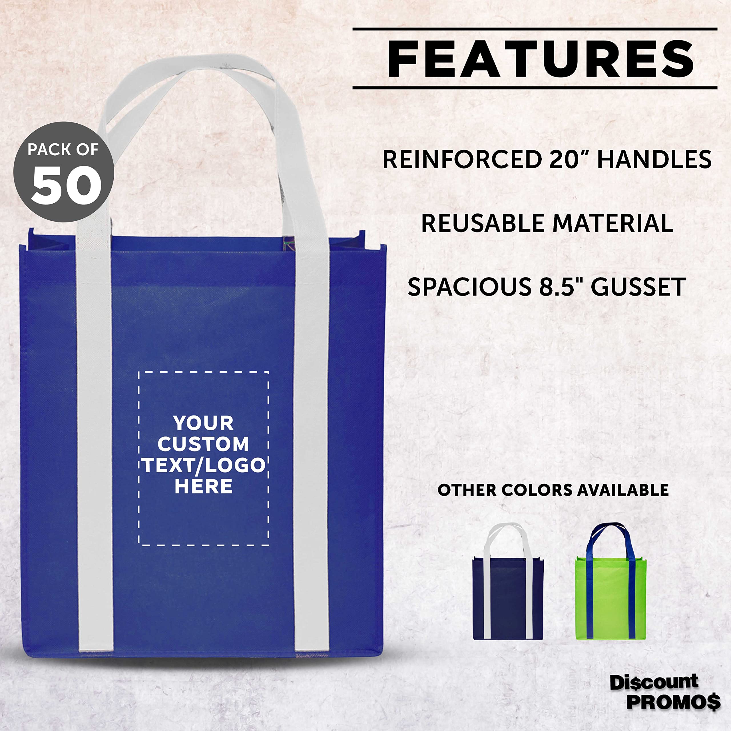 Custom Non-Woven Reusable Shopping Tote Bags - Bulk Pack of 50 Personalized Grocery Bags - Eco-Friendly Beach, Picnic & Wedding Favors (Blue & White) - Perfect for Retail Promotions, Events & Sustainable Shopping