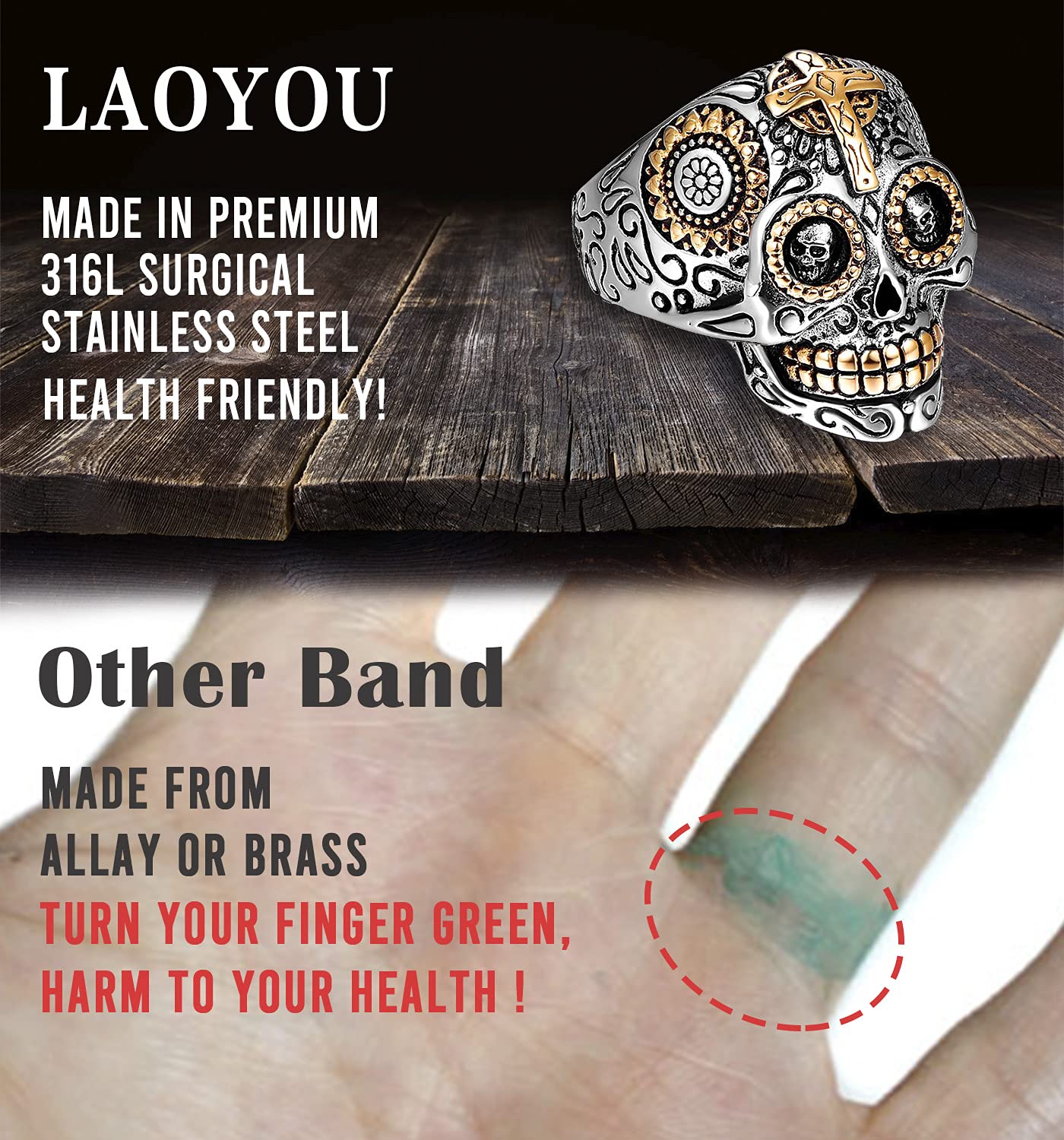 LAOYOU Sugar Skull Rings for Men & Women - Stainless Steel Gothic Biker Jewelry, Day of The Dead Inspired Punk Accessories - Perfect for Halloween, Christmas Gifts & Biker Fashion