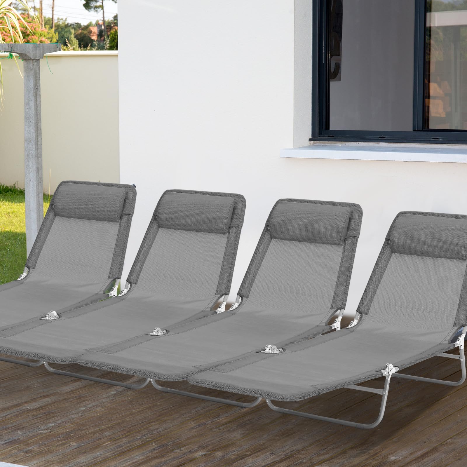 Suzile 4 Pack Folding Chaise Lounge Chairs - Adjustable 5-Position Tanning Chairs with Pillow, Waterproof & Breathable Mesh, Steel Frame - Perfect for Pool, Beach, Yard, Patio, Lawn & Outdoor Relaxation