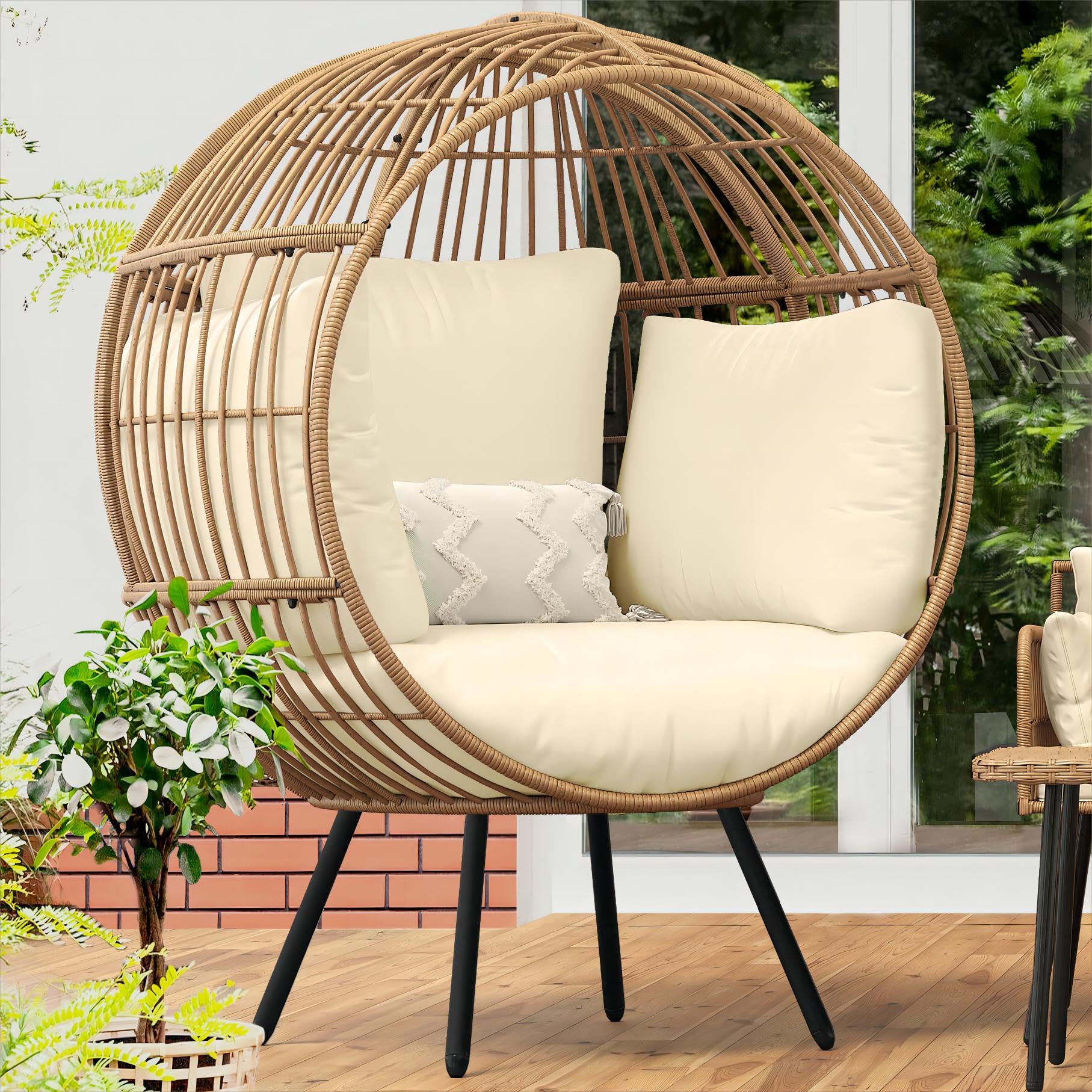 YITAHOME Oversized Wicker Egg Chair for Outdoor & Indoor Use - 370lbs Capacity, Includes Stand & Cushion - Round Basket Lounger for Patio, Balcony, Bedroom - Beige - Perfect for Relaxing, Reading & Sunbathing