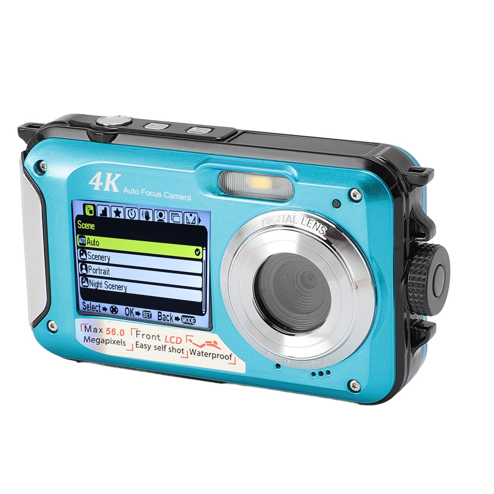 4K 56MP Waterproof Underwater Camera with Dual Screen - 10ft Depth Rating, Continuous Recording While Charging - Perfect for Snorkeling, Diving & Beach Adventures (Blue)