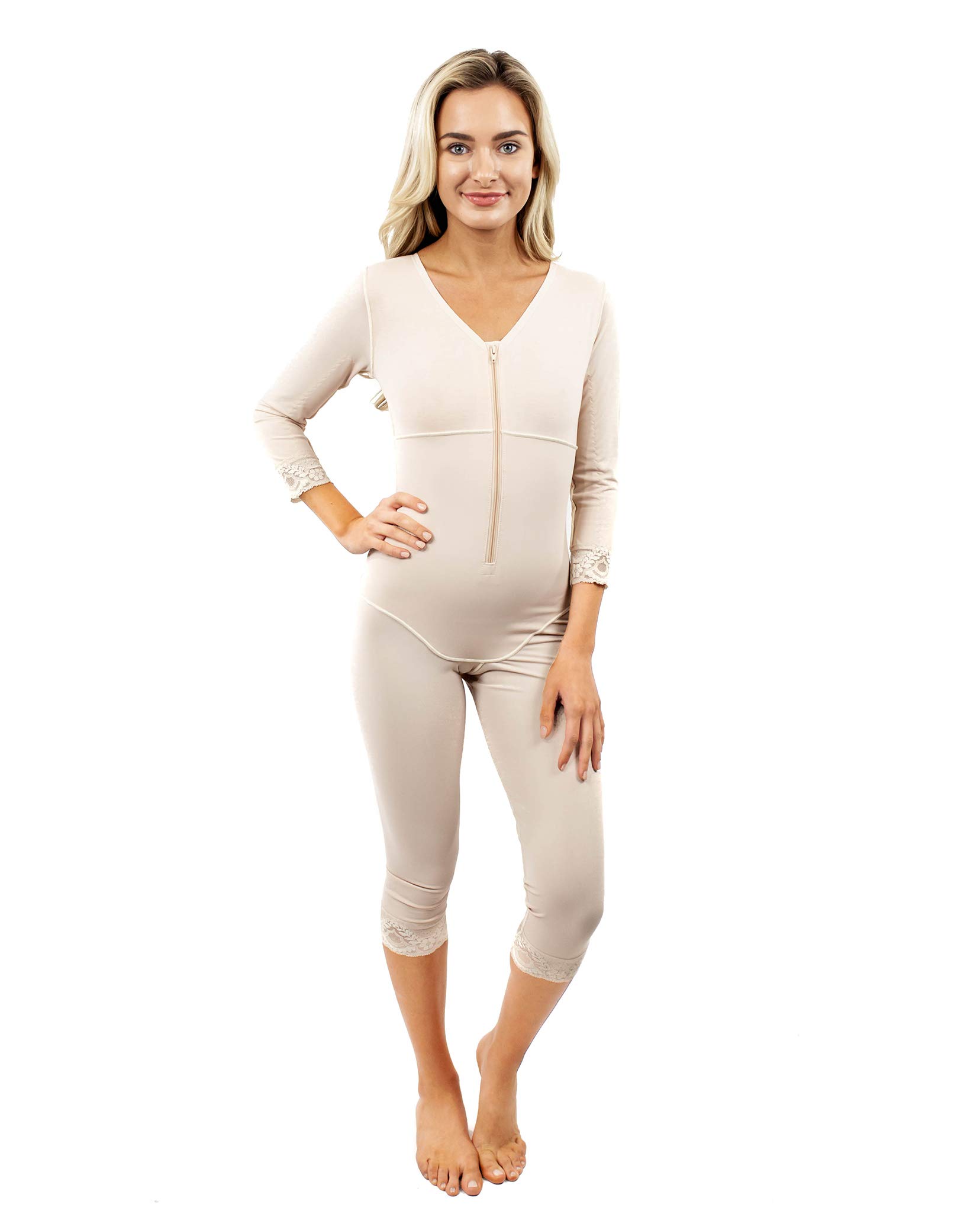ContourMD Full Body Shaper for Women with Sleeves - Mid Calf Compression Garments in Beige (Size 28S) | Slimming Shapewear for Everyday Wear, Postpartum Recovery & Special Occasions