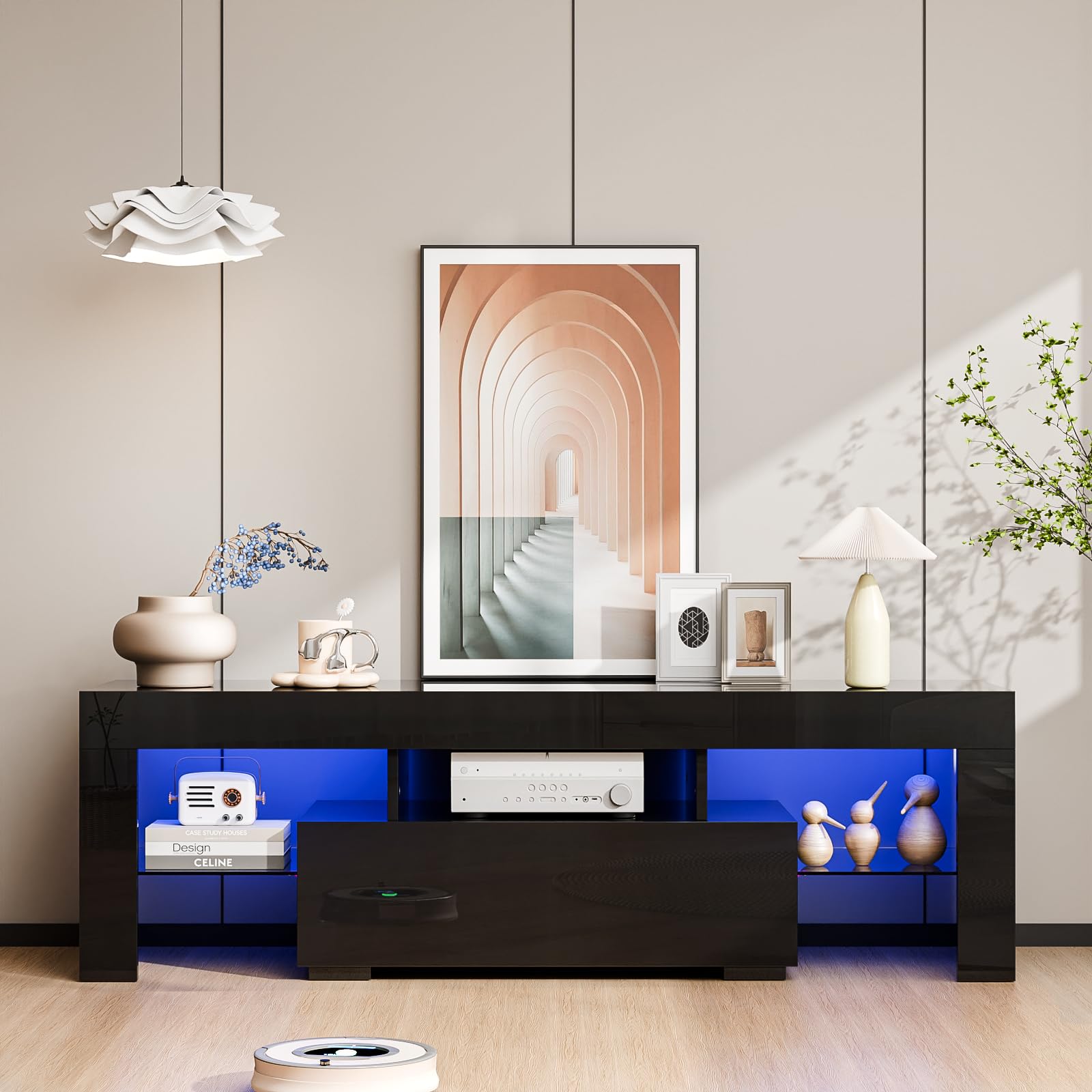 Bonnlo 60 Inch TV Stand with LED Lights - Modern Entertainment Center with Storage Shelves for Living Room, Bedroom & Home Theater - Fits TVs Up to 60