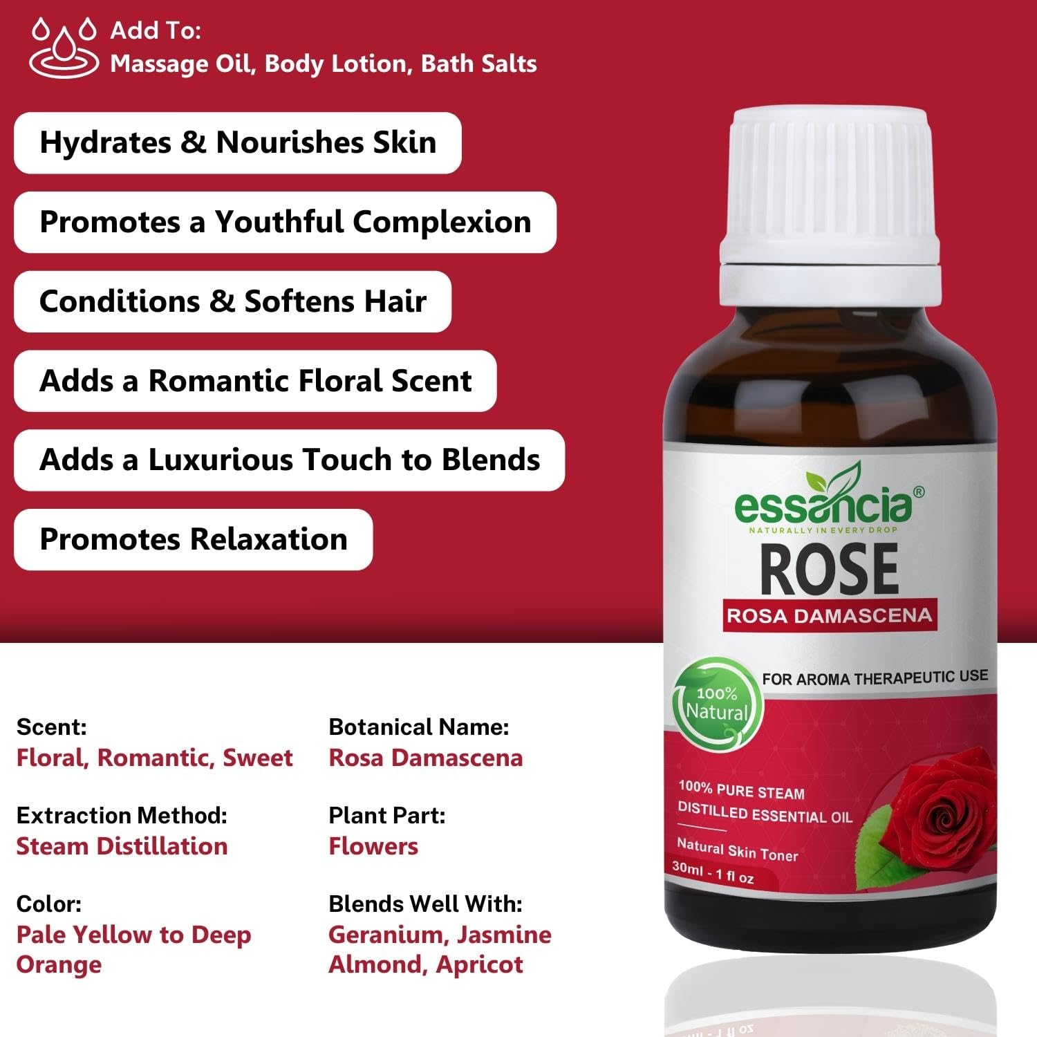 Essancia 100% Pure Natural Undiluted Therapeutic Grade Rose Essential Oil for Skin Rejuvenation & Mood Enhancement - 30ml Aromatherapy Oil for Relaxation, Massage & DIY Beauty Products