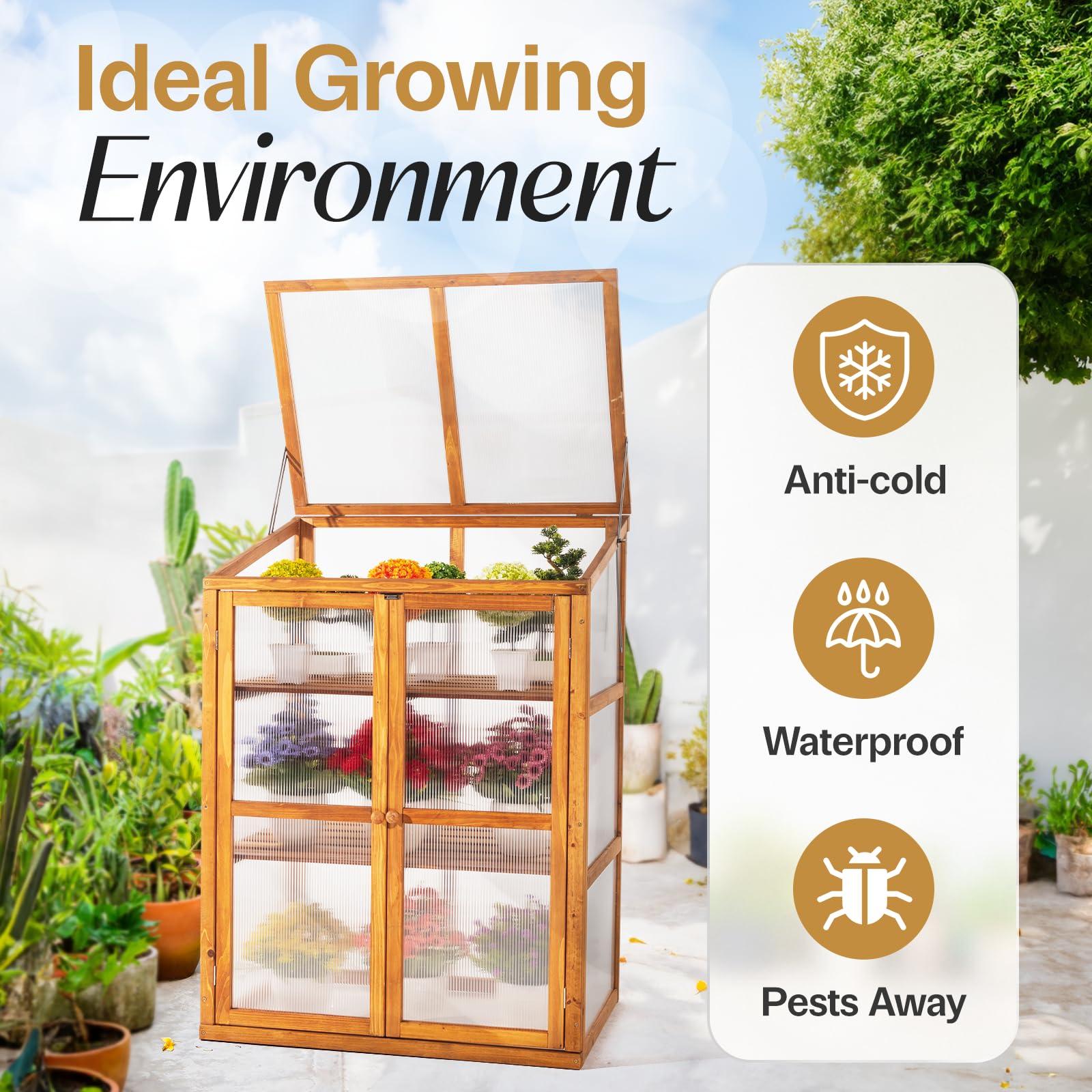IDZO Fir Wood Cold Frame Greenhouse for Outdoor Gardening - 2-Tier Greenhouse Cabinet with Clear Polycarbonate Panels & Foldable Roof - Perfect for Seedlings, Herbs, and Plant Protection in All Seasons - Easy Assembly Greenhouse for Backyard, Patio, and Balcony