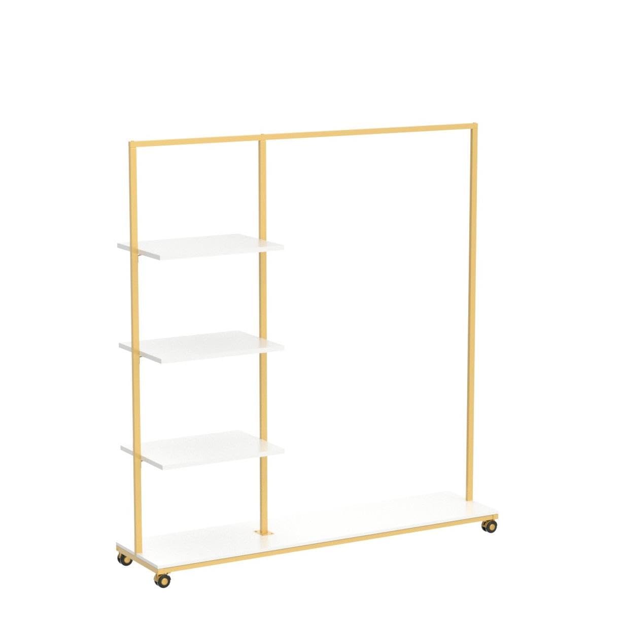 BOSURU 4-Tier Wood Shelf Gold Clothing Rack - Freestanding Modern Garment Display Stand with Wheels for Boutique & Retail Stores | Perfect for Home Closet Organization, Bedroom Storage & Commercial Apparel Displays