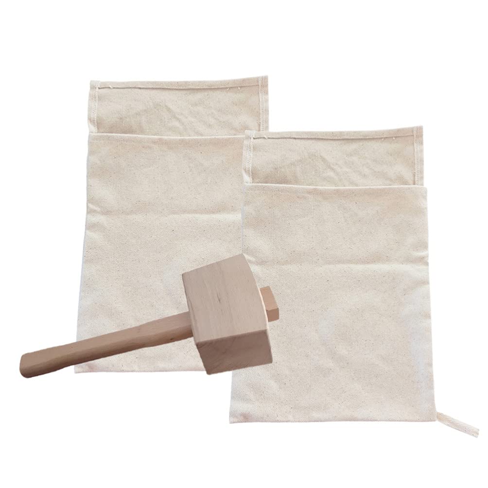 Reusable Canvas Ice Bag with Wooden Hammer Mallet - 2Pcs Cooler Ice Packs for Summer, Kitchen, Bartender & Bar Accessories | Perfect for Cocktail Making, Outdoor Picnics & Food Preservation